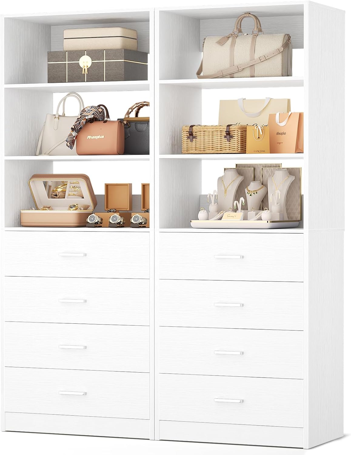 Aheaplus 3.54FT Wood Closet Organizer with 4 Drawers - Modular Walk-In Storage, Tall Bookshelf Cabinet, White (2 Packs)