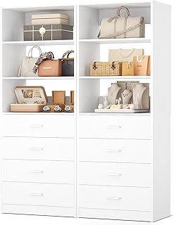 Aheaplus Closet Drawers Organizer System, 3.54FT Wood Closet System with 4 Drawers, Modular Walk-in Closets Storage Unit, Tall Bookshelf Storage Cabinet, White (2 Packs)