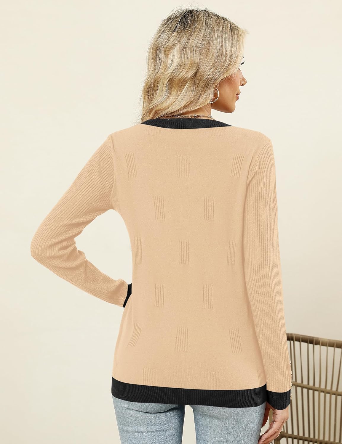 AKEWEI Womens Sweaters Long Sleeve Crew Neck Lightweight Knit Pullover Tops with Decorative Buttons - Image 5