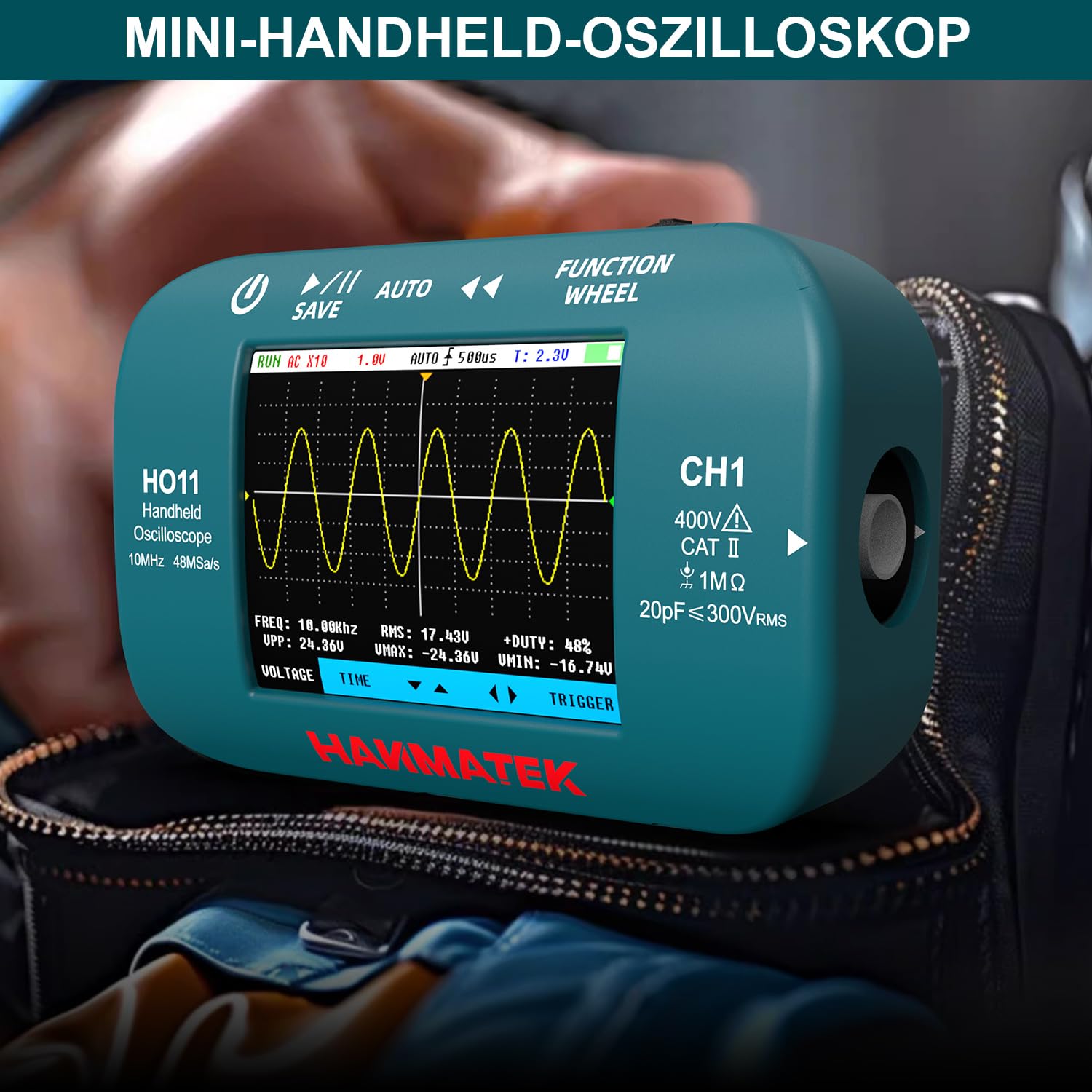 HANMATEK HO11 Handheld Digital Oszilloskop - 10MHz Bandbreite, 48MSa/s Hochpräzisionsabtastung, 2.8“ TFT Display, USB aufladbar, fortschrittliches Triggersystem, tragbar für Feldarbeit