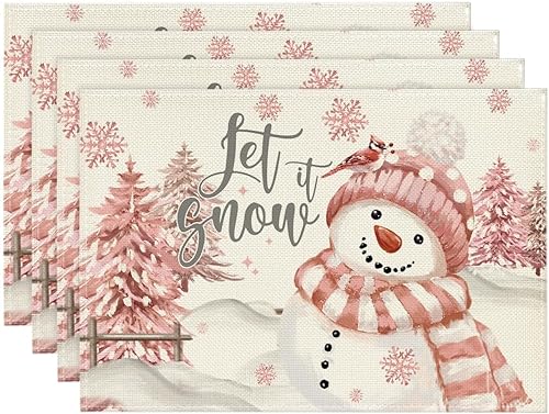 Artoid Mode Juego de 4 manteles individuales de Navidad con diseño de árbol de Navidad Let It Snow Pink Snowman de 12 x 18 pulgadas para decoración