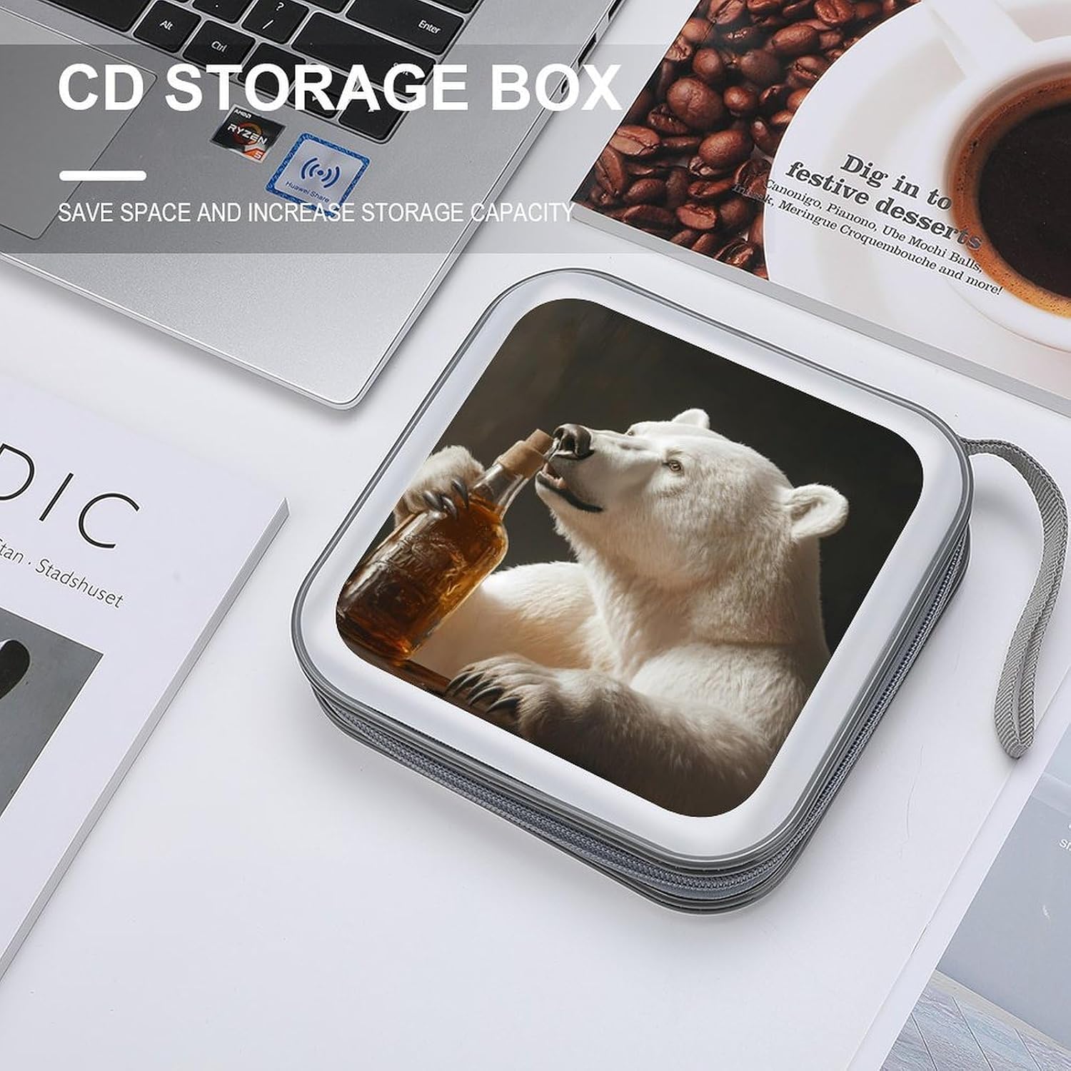 Bear Drinking Whiskey Protective CD Case Storage Rack 40 Capacity DVD Holder Organizer Car Travel