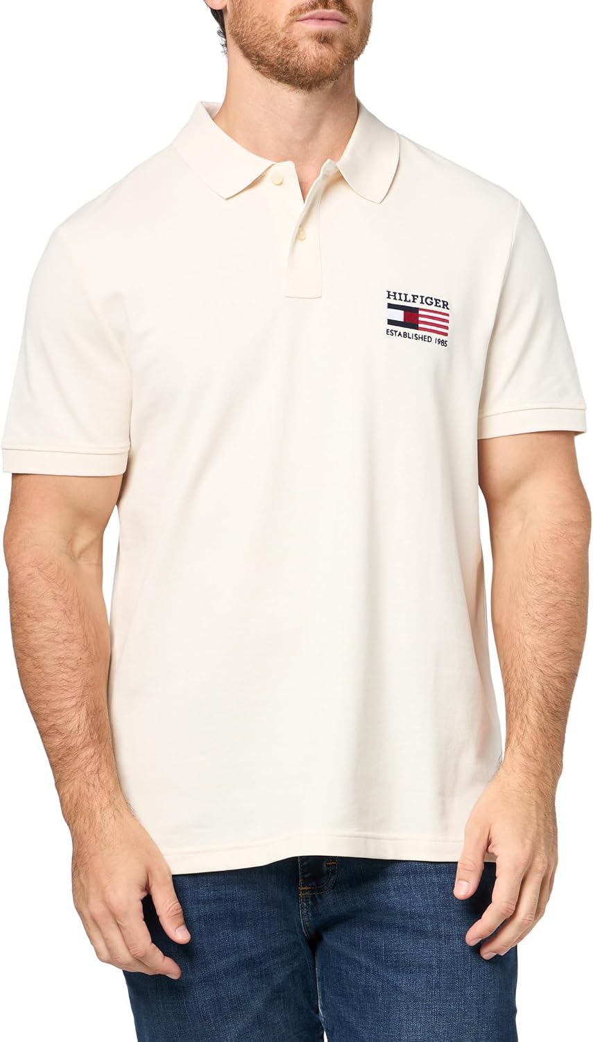 Tommy Hilfiger Men's Flag Regular Short Sleeve Polo,Ivory Petal Large