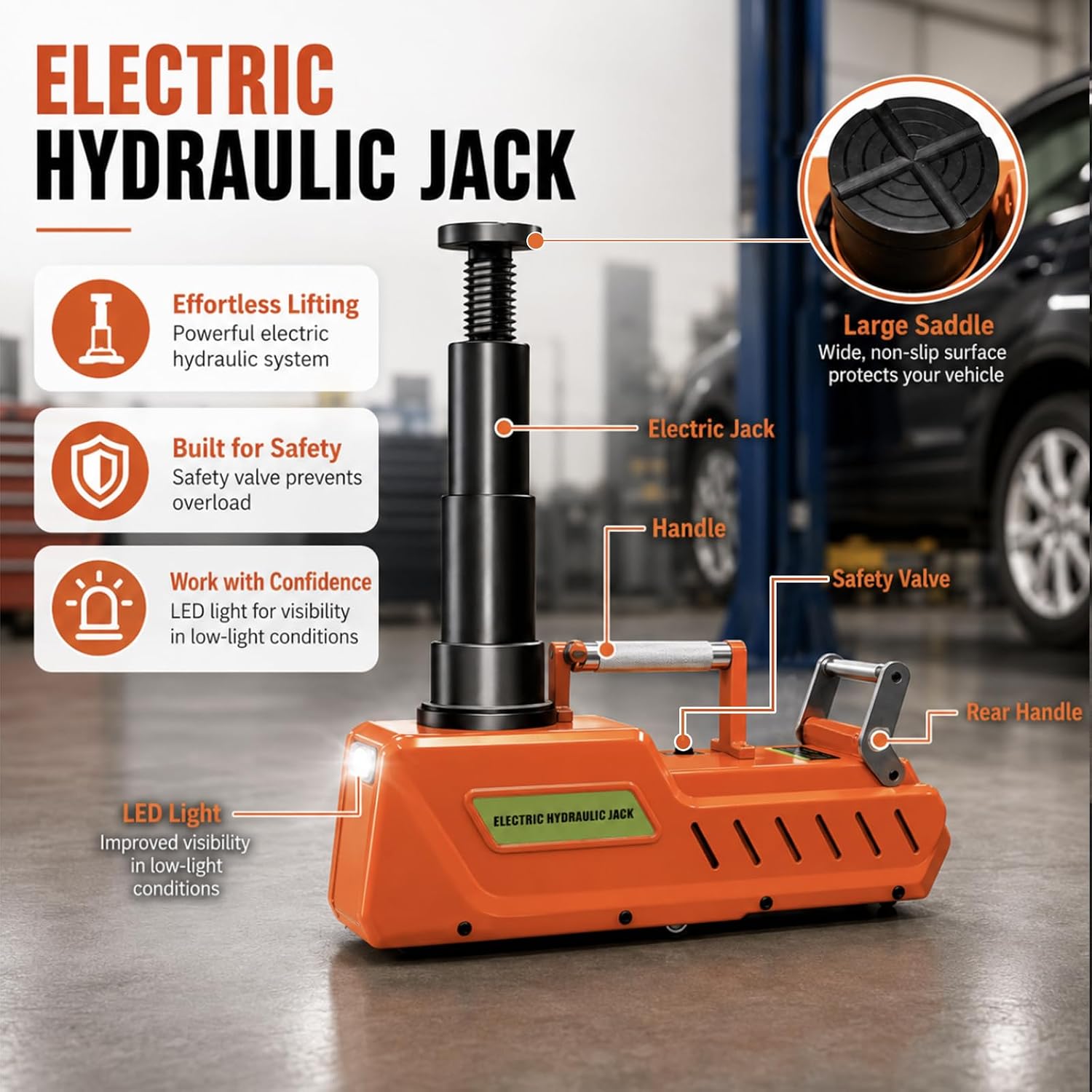 E-HEELP 15 Ton Electric Hydraulic Floor Jack, 12V DC Heavy Duty Truck Jack with LED Light for RV, SUV, Van, Sedan, Trucks (7.8-20.4 Inch Lift) image 3