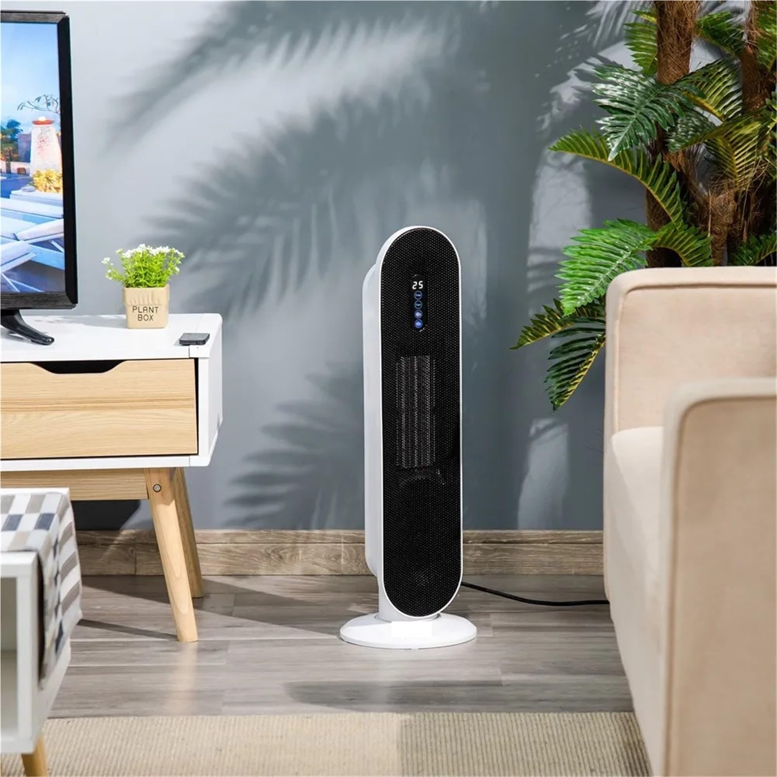 Calentador cerámico de torre con termostato programable de 24 horas, control remoto y antivuelco. Para dormitorio en casa