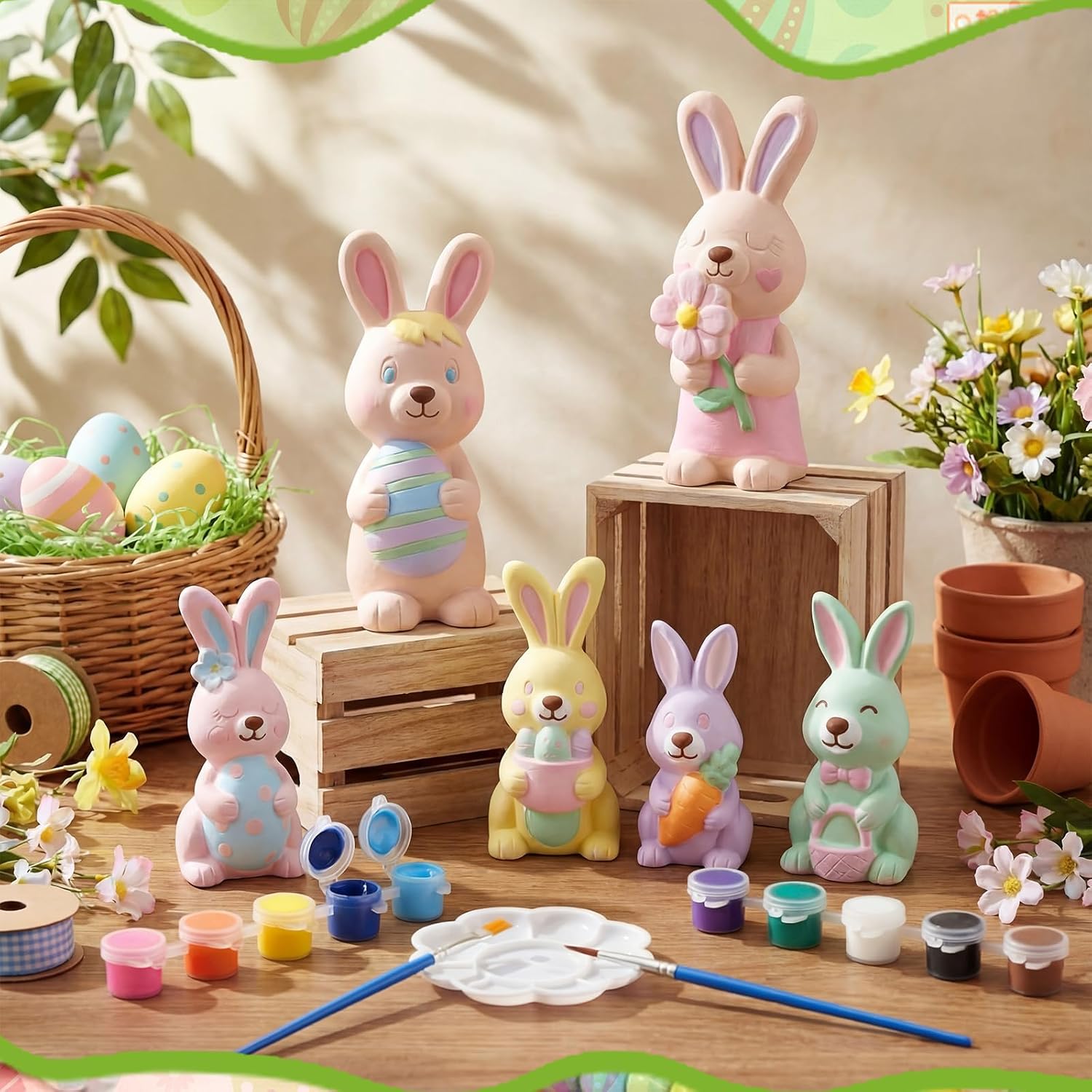 Zubebe 6 Pcs Easter Ceramics to Paint Bunny Kits Ready to Paint Your Own Easter Bunny Figurines 5.1 Inch 3D Unpainted Blank Ceramics with Brush and Palette Rabbit Statues for Craft (Simple Style)