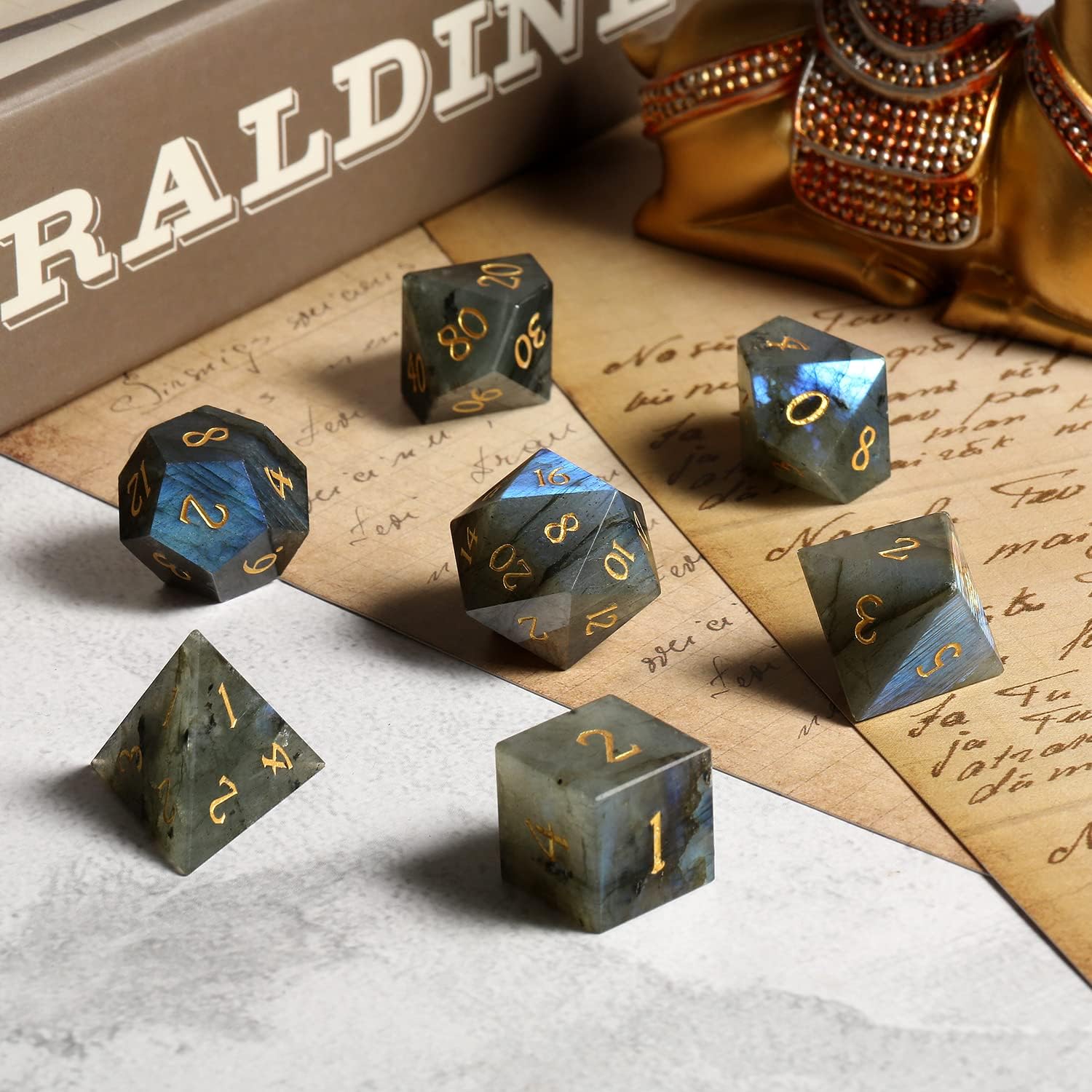Labradorite Gemstone Dice Set DND,DNDND Full Set Real Stone Dice Set with Gorgeous Gift Case for Dungeons and Dragon and Tabletop Game (Labradorite)