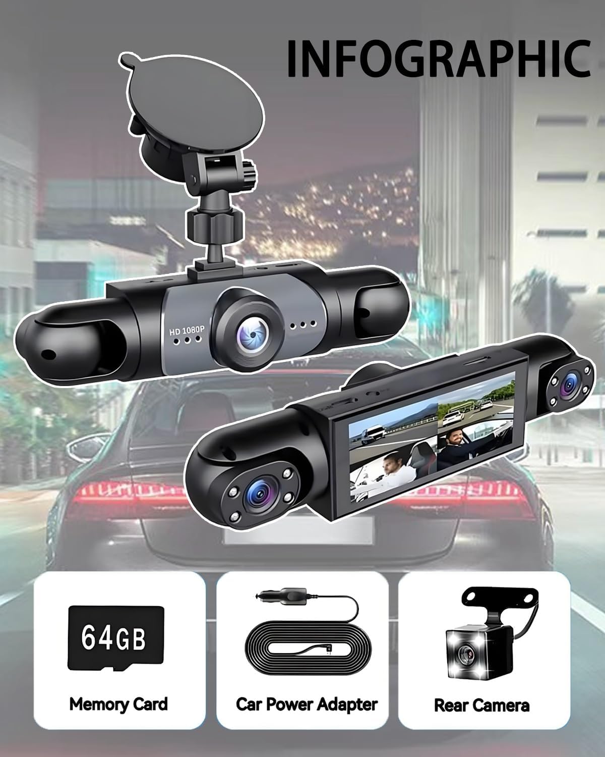 Car Dash Cam Wireless Front Rear 360 Full View 4K Dual Security 24HR Rechargeable 4 Channel Mirror Rearview Interior Auto Video On-Dash Mounted Driving Recorder Truck Electronics Accessory(128G)