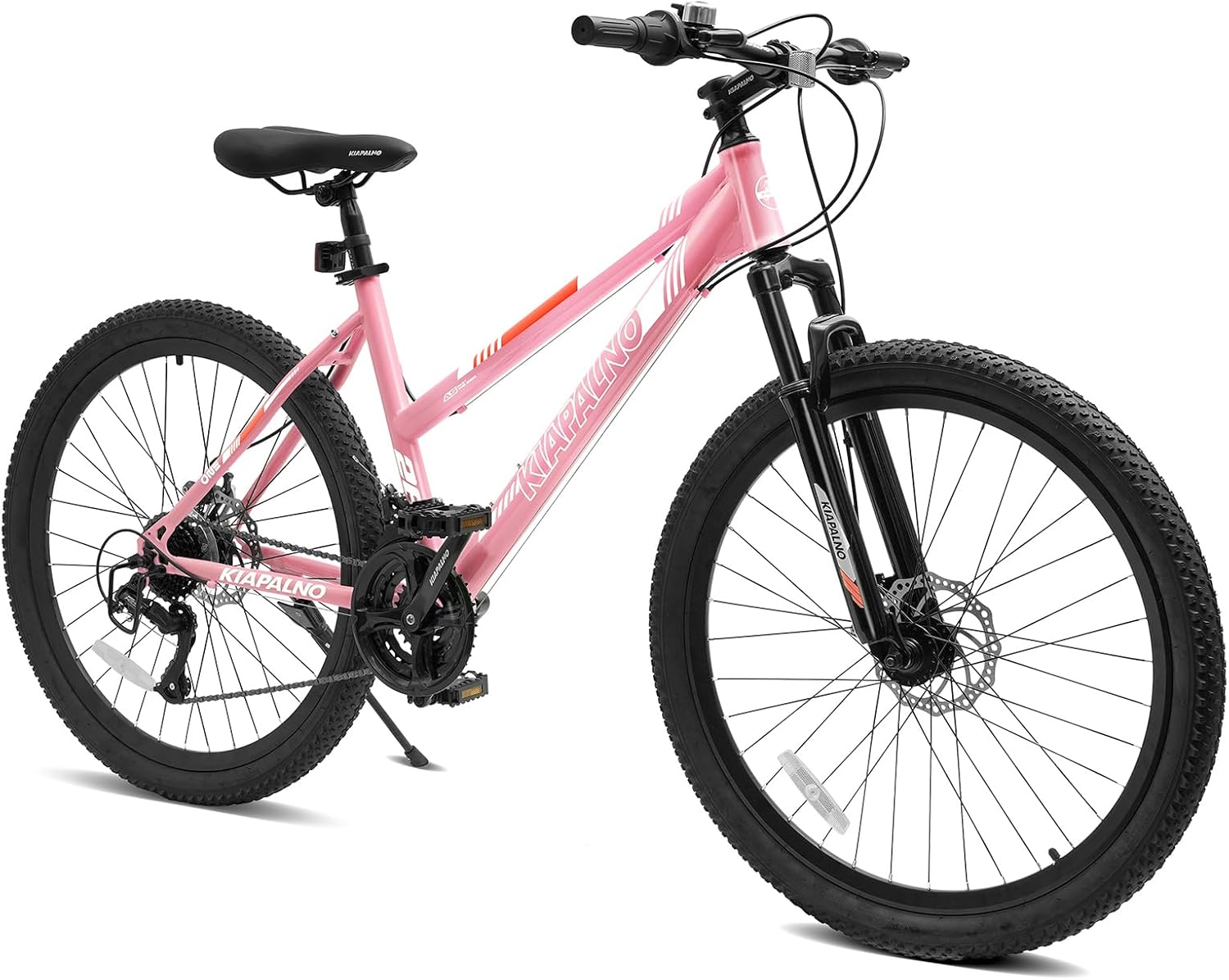 24 26 inch Mountain Bike for Audlts, 21 Speeds with Dual Disc Brakes and 100mm Front Suspension, White/Pink