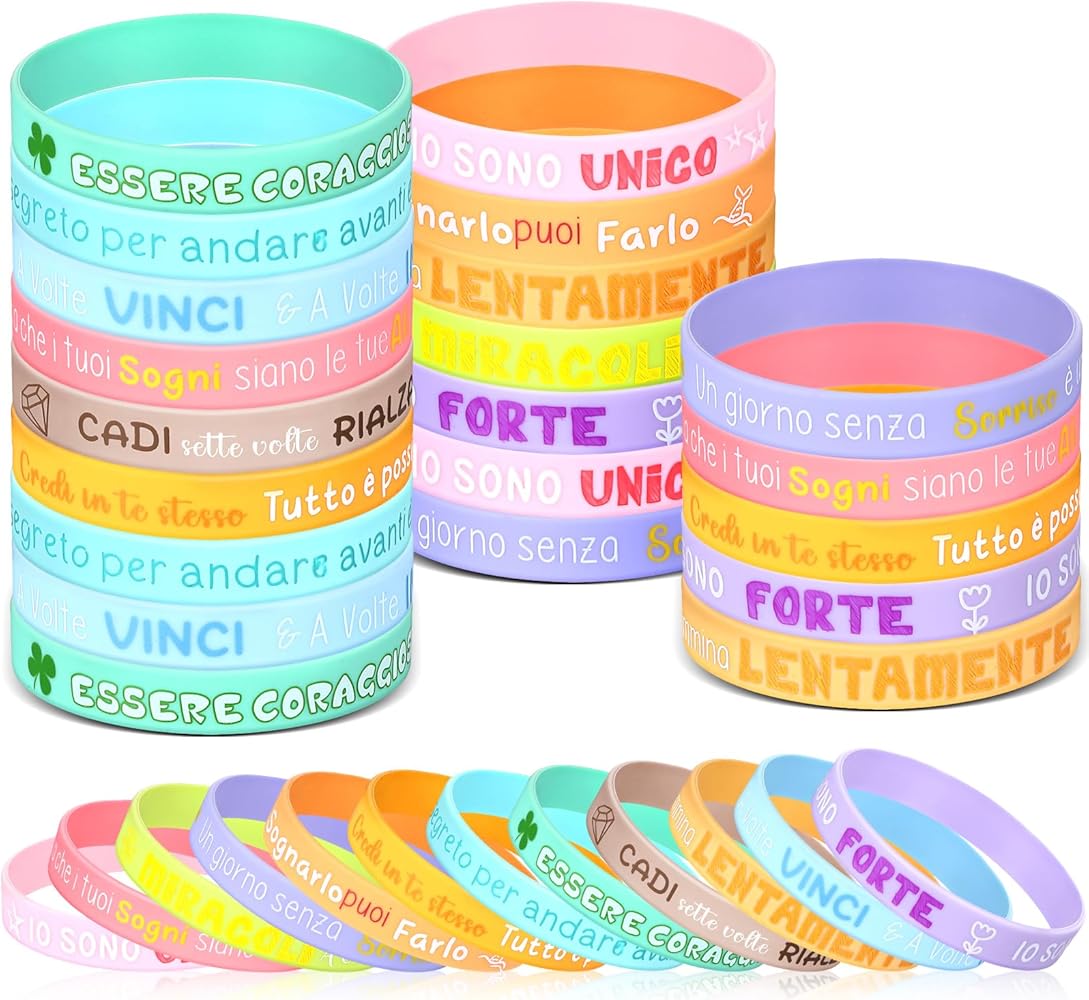 Set di 36 braccialetti motivazionali in silicone colorati in massa