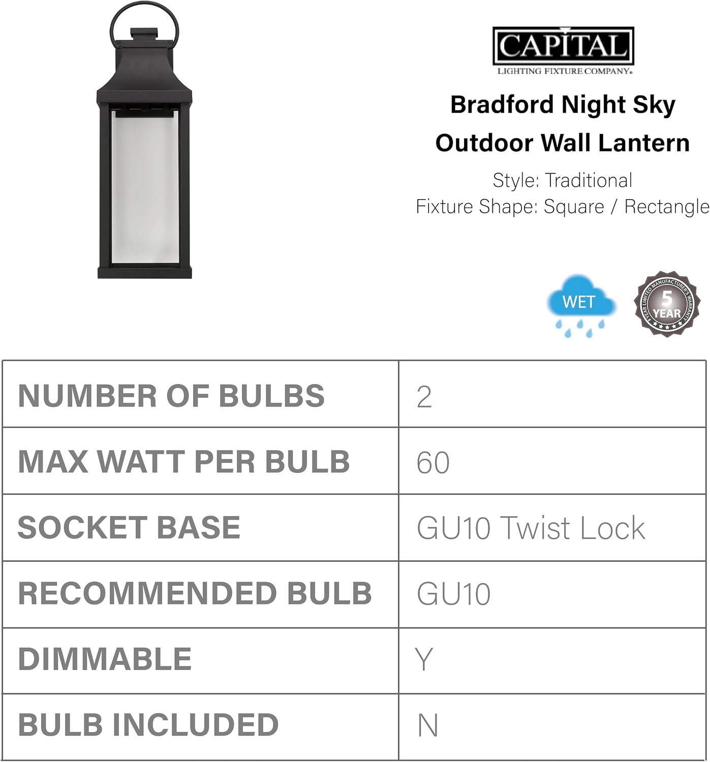 Capital Lighting 946421BK-GL Bradford Night Sky Clear Glass Rectangular Outdoor Wall Lantern, 1-Light 7 Watt, 21" H x 7" W, Black