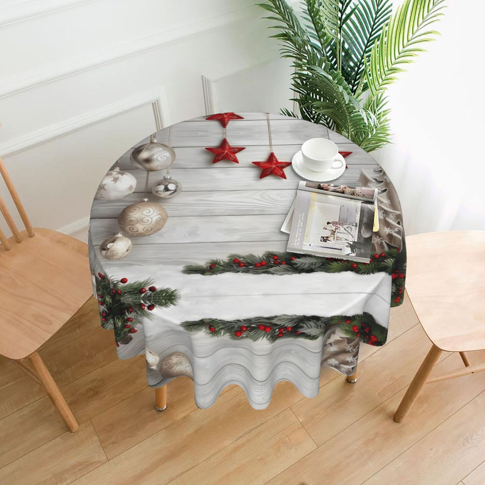 HJFCZH Christmas Tree and Bells Prints Round Decorative Tablecloth 60in - High-Grade Polyester Throw for Dinners, Weddings & Everyday Use