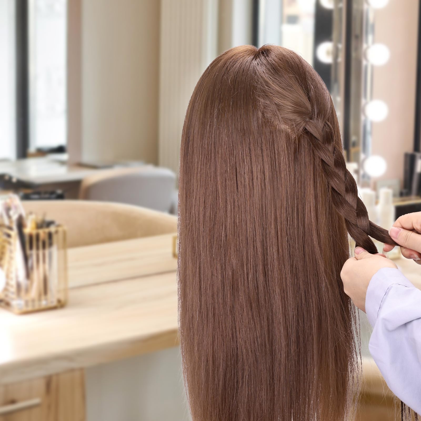 Cabeza de Peluqueria, Yofuly 26inch Cabeza Maniquí, 80% Cabello Humano, Cabeza Práctica Modelo Maniqui de Cosmetología con Abrazadera de Mesa y Juego de Trenzas de Cabello DIY Maniquí (castaño claro) — view 5