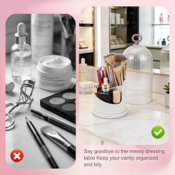 2PCS 360° Rotating Make Up Brush Holder Storage, Makeup Brush Holder Organiser with Lid, Toothbrush Holders, Rotating 3 Slots Bathroom Organizer for Dressing Table Countertop (White)