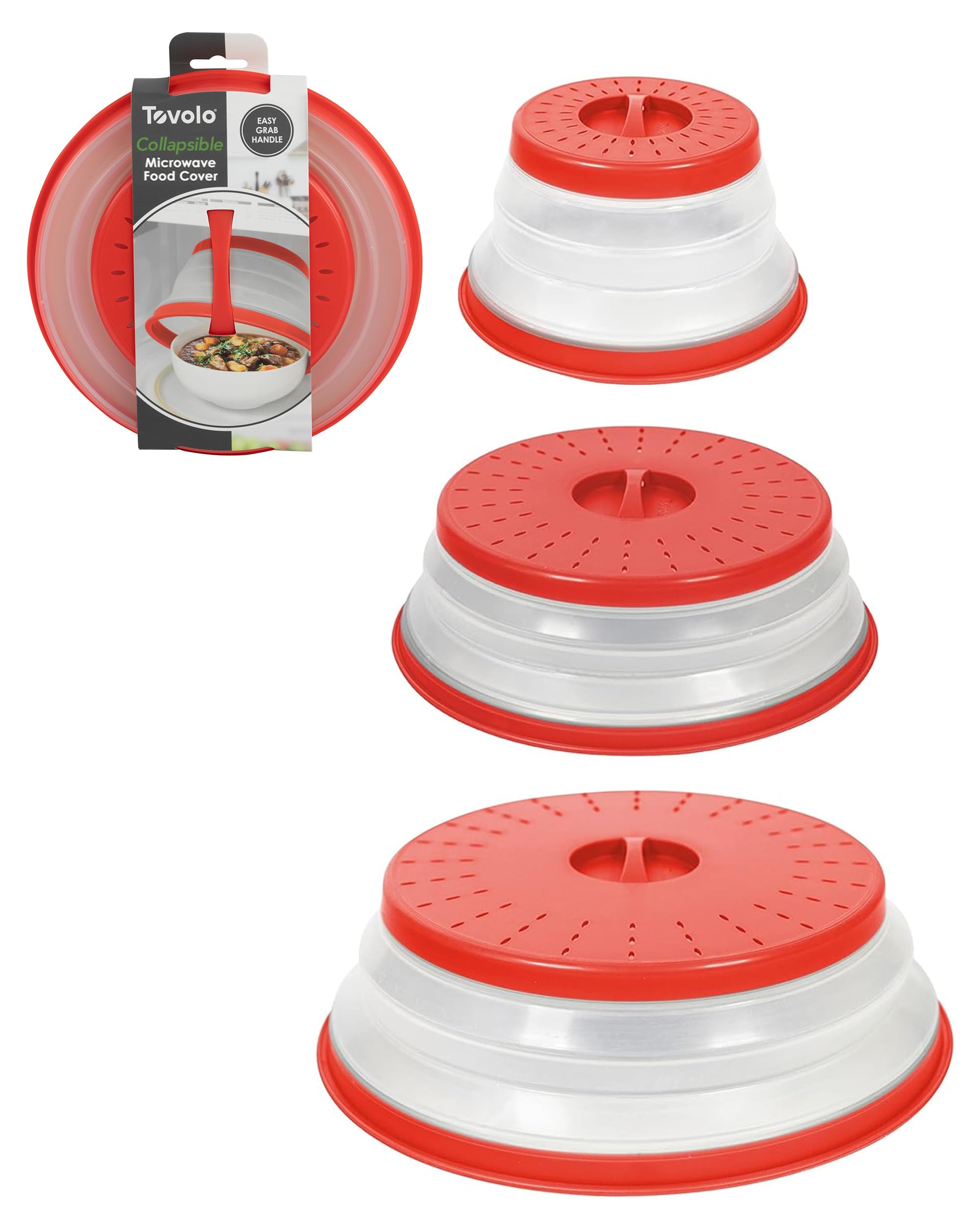 Tovolo Microwave Splatter Cover for Food, 3-Pack (Candy Apple Red) - Collapsible & Vented Silicone Splatter Guard Lid - Microwave Plate & Dish Cover with Handle - BPA-Free Kitchen Gadget for Meal Prep