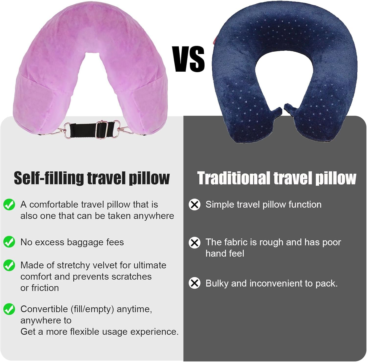 Reisekissen Nackenkissen Flugzeug Füllbares Reisekissen Reise-Nackenkissen Mit Aufbewahrung Für Kleidung Reiseutensilien(Purple)