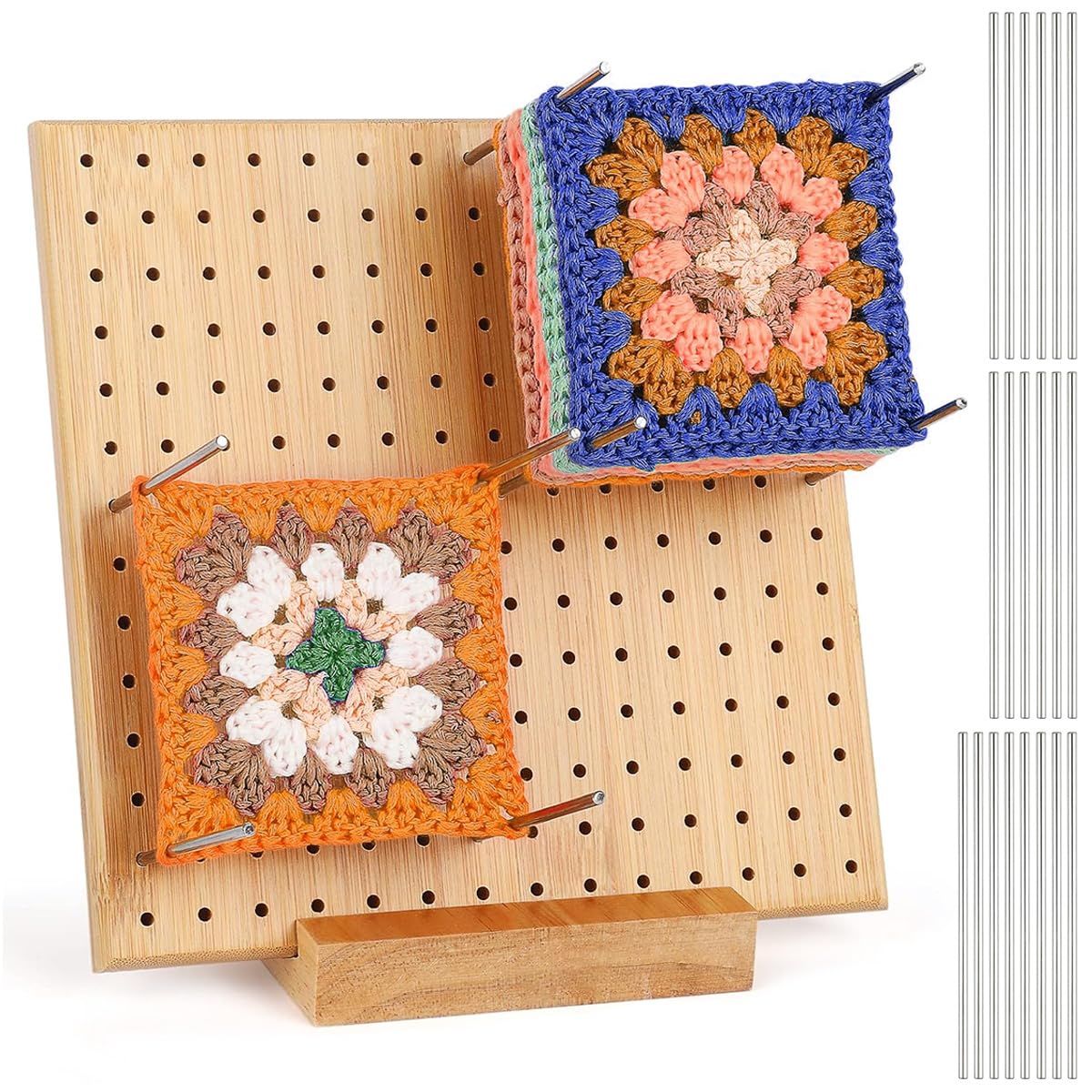 Tavola Per Bloccare Granny Square All'Uncinetto - Legno Di Bambù 29x29 Cm, Con 30 Aghi E Base - Foto 3