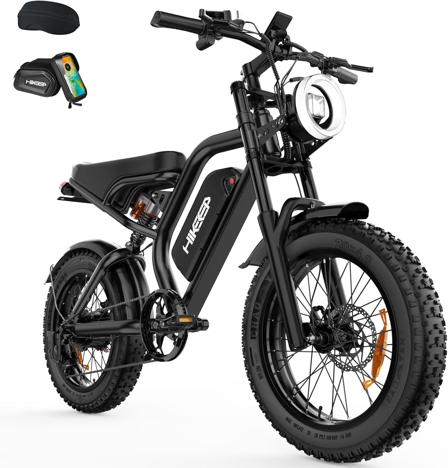 HiKeep Electric Bike with included accessories: cycling glasses, organizer bag, pump, and tools.