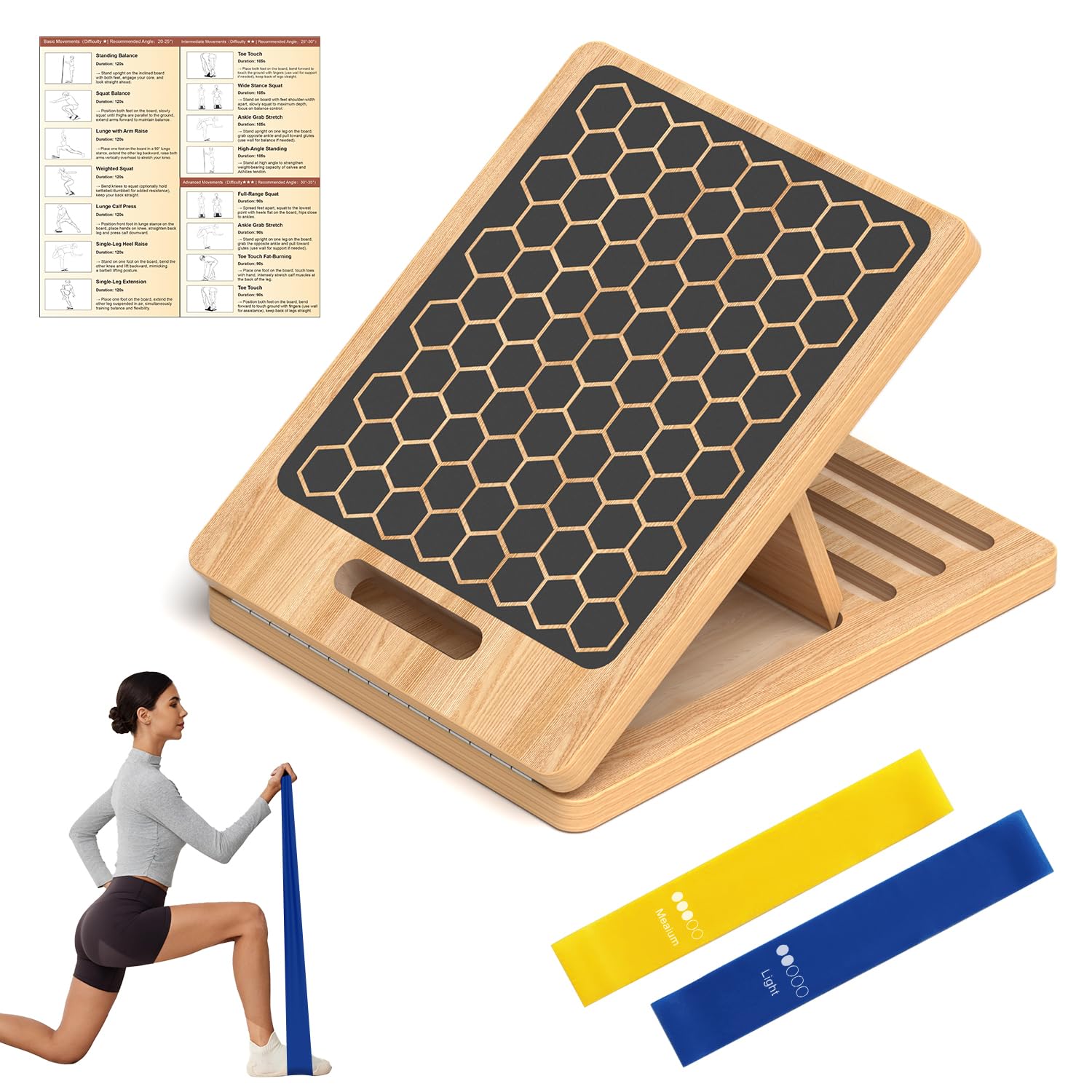 Planche inclinée en bois pour étirement des mollets, réglable et portable avec guide d'entraînement, capacité de charge de 136 kg, équipement de physiothérapie pour jambes, genoux, talons et chevilles
