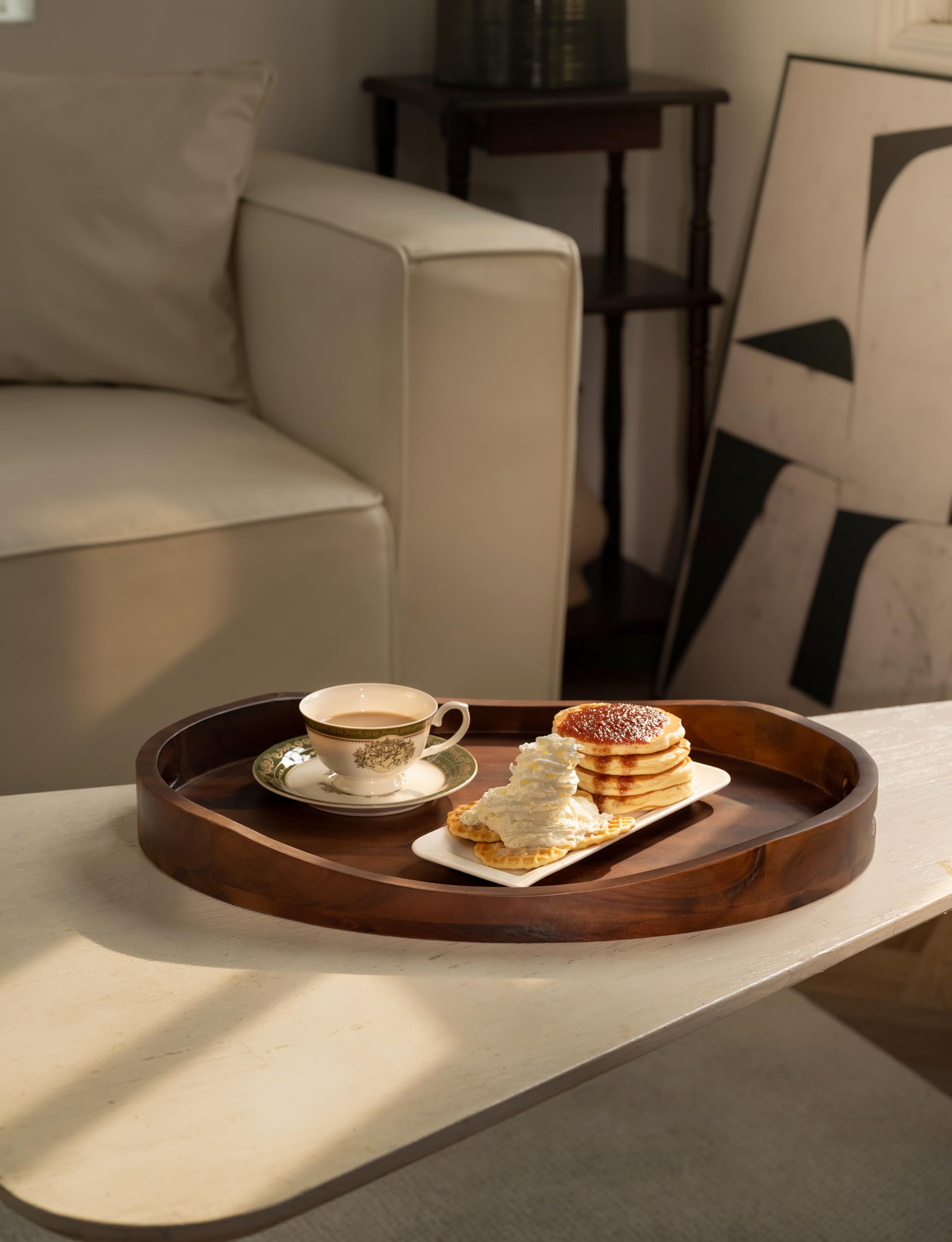 TIDITA Bandeja otomana de madera de acacia con asas, redonda de 20 x 15 pulgadas, bandejas ovaladas grandes para servir para sala de estar, bandejas de madera decorativas para encimera de cocina, mesa