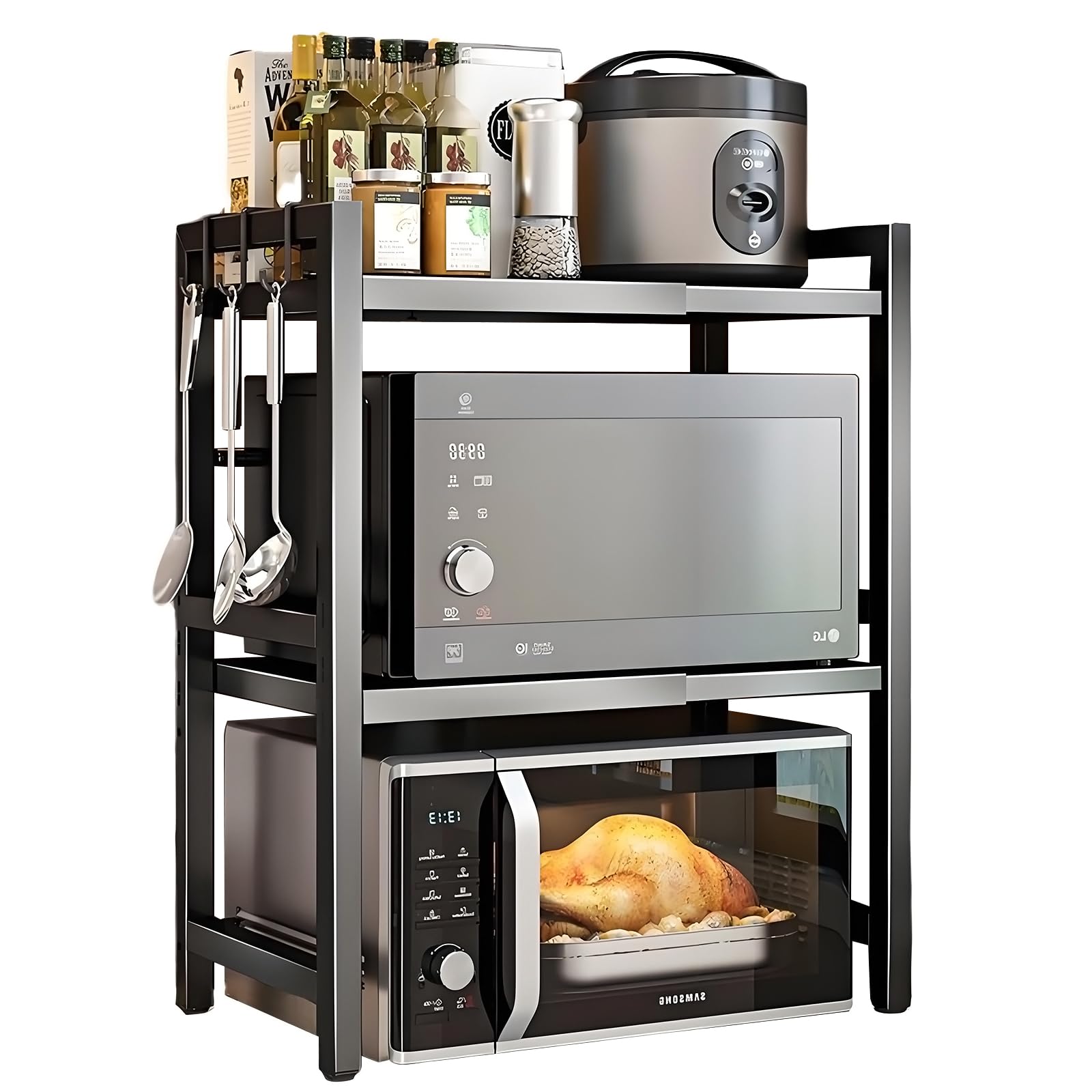 Verstellbares Mikrowellenregal, 3-Stufig Erweiterbares Küchen Mikrowelle Ständer Regal, Mikrowellenhalter aus Kohlenstoffstahl, Küchenaufbewahrung Organizer mit 6 Haken, Schwarz
