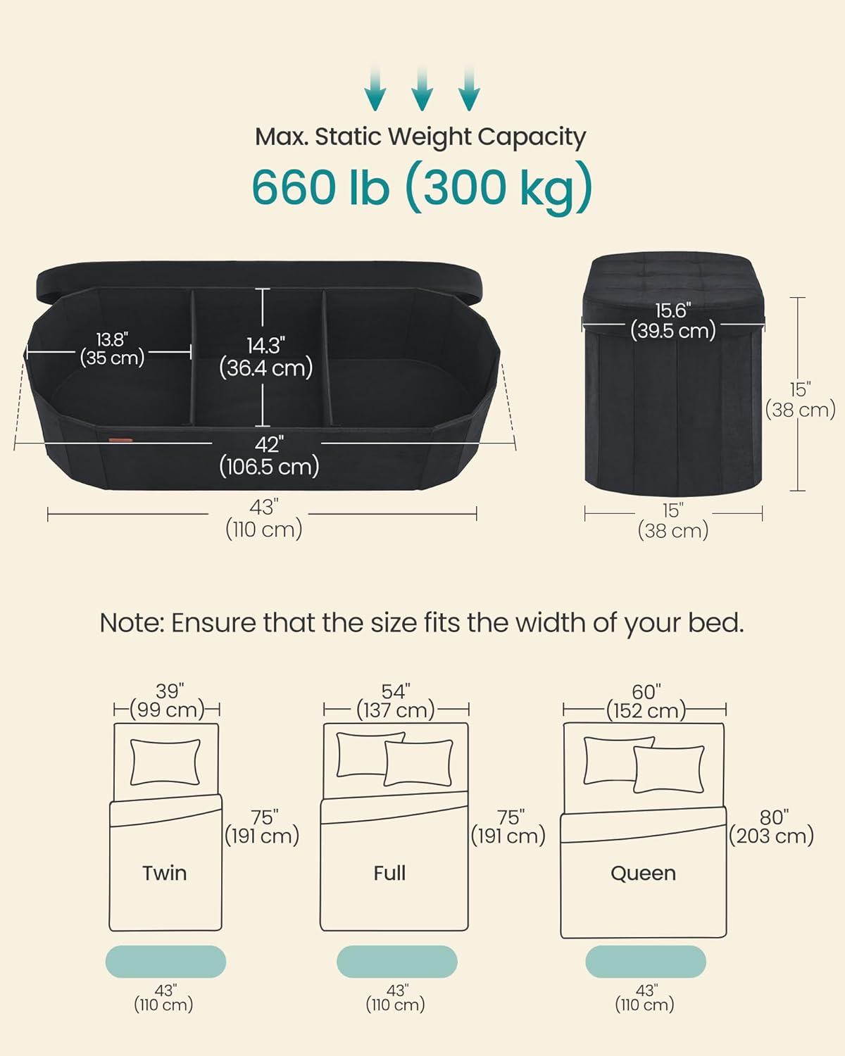 SONGMICS Mazie Collection - Folding Ottoman with Storage, Oval Storage Ottoman Bench, for Living Room, Bedroom, Velvet Fabric, 15 x 43 x 15 Inches, Ink Black ULSF297BH01 - Image 3