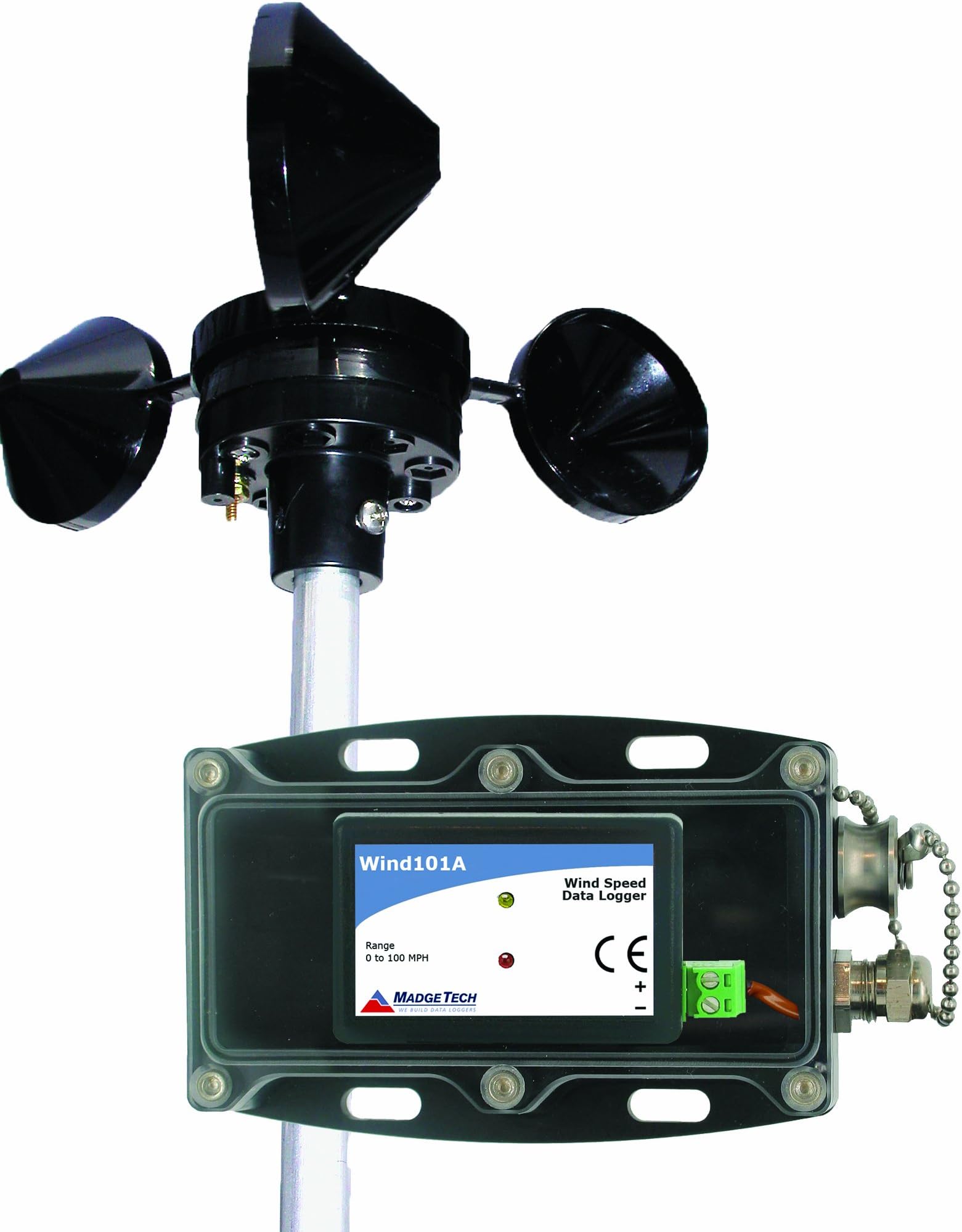 MadgeTech Wind101A-100 Wind Speed Data Logging System, with Pulse101A Data Logger, Weather Proof Enclosure, 3-Cup Anemometer, and IFC200 Software and Interface Cable, 0mph to 100mph Measurement Range, 100' Cable Length