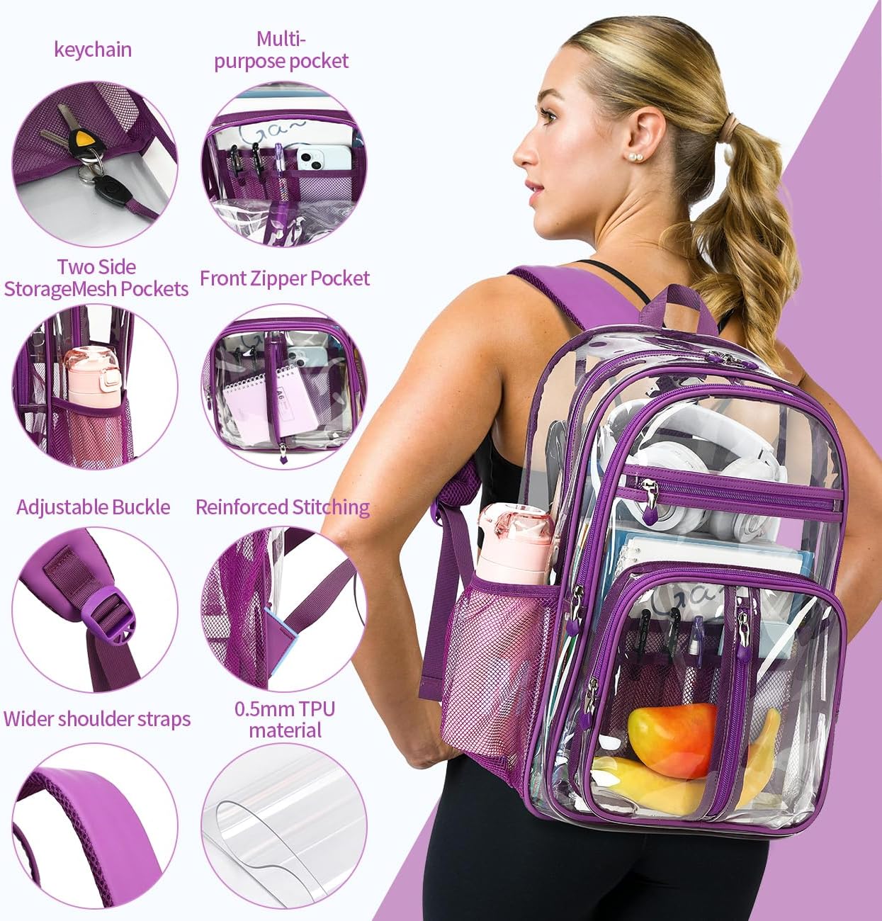 Cusangel Clear TPU XL Backpack for Girls Women,18" See Through Heavy Duty Bookbag,warehouses, school and other security check locations(Purple) - Image 2