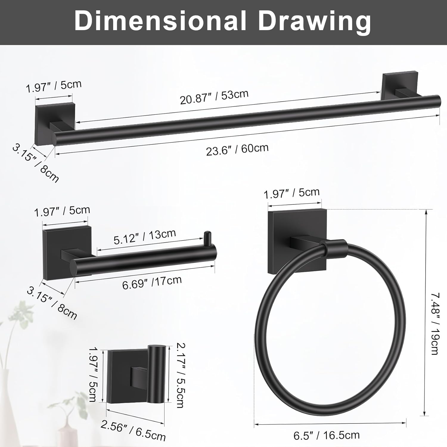 Matte Black Towel Bar Bathroom Hardware Accessories Set, 5 Pieces Toilet Paper Holder Towel Holder Set, 23.6 Inch Stainless Steel Towel Racks for Bathroom Wall Mounted - Image 6