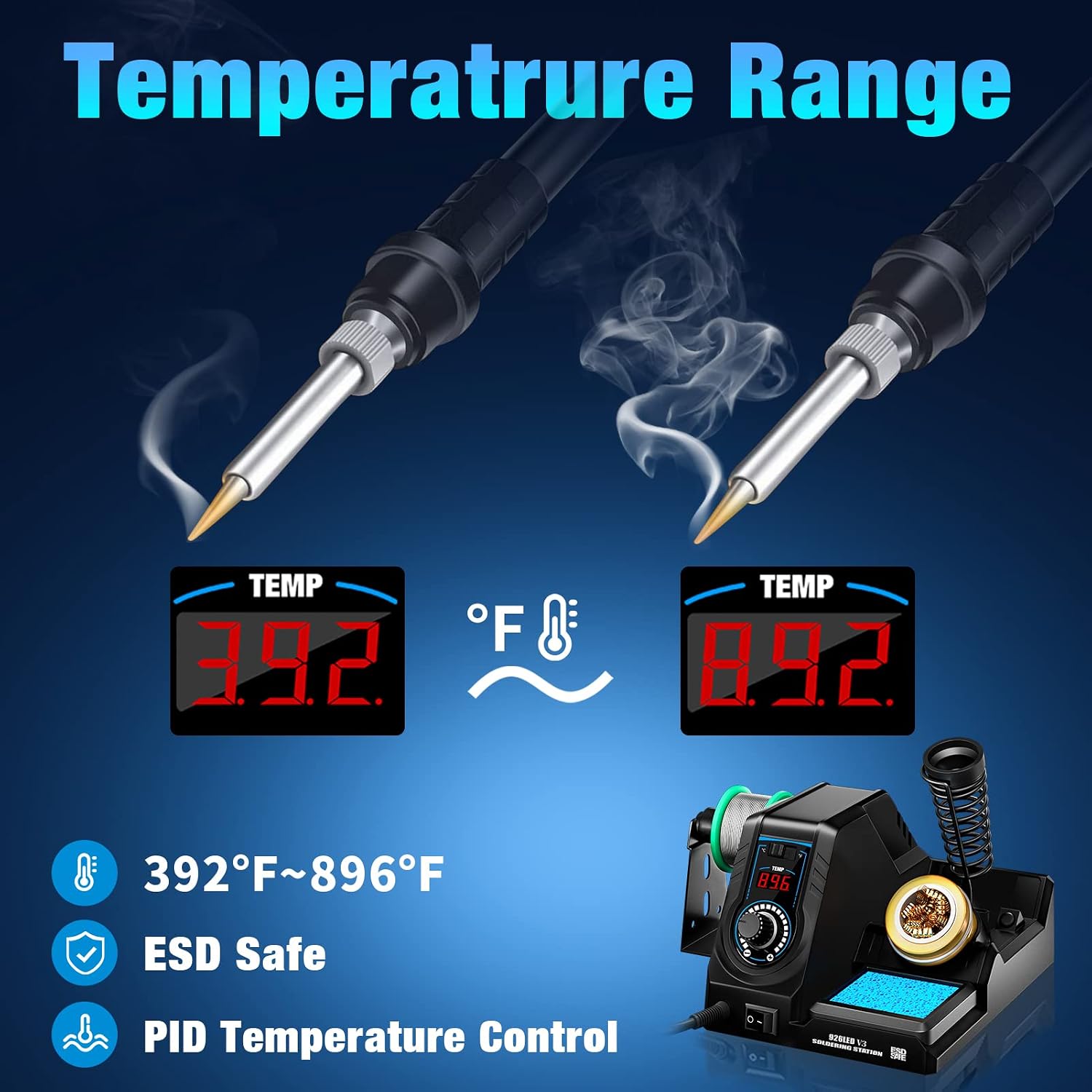 Soldering Iron Station Kit, Soldering Station w/ 392℉~896℉ Adjustable Temperature (C/F),10-Min Sleep Mode, LED Display Digital Soldering Iron Kit, Fast Heating Up