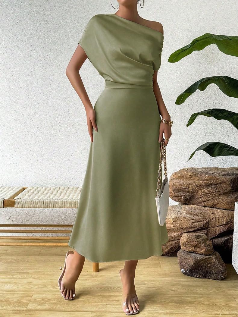 Vestito Donna Abiti da Ballo Monospalla in Raso per Donna Eleganti Midi con Maniche A Pipistrello Asimmetrici E Arricciati con Giunture Abito Estivo A Trapezio da Sera Formale