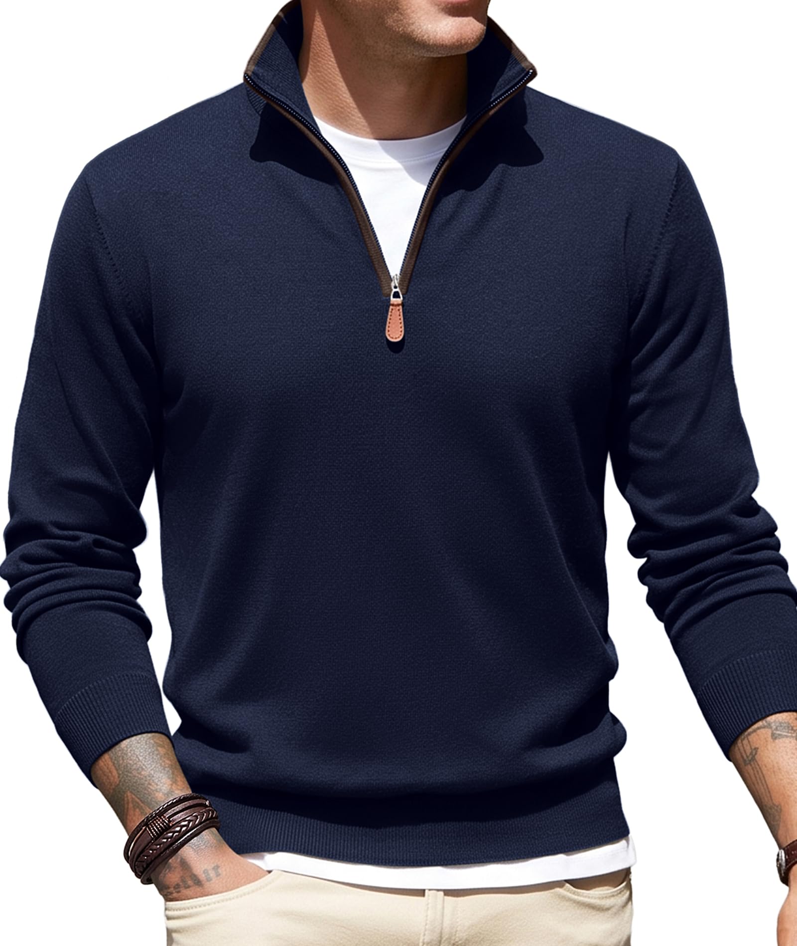 Mens Quarter Zip Pullover Sweaters Knit Mock Neck Polo Sweater