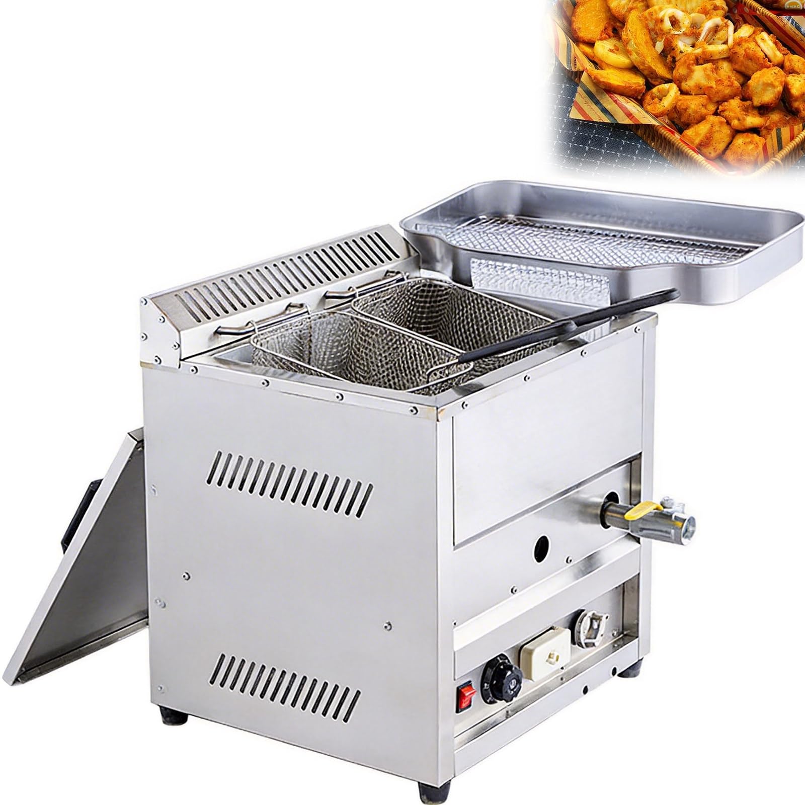 Freidora a Gas Profesional 23 litros de Sobremesa, 2 Cestas, Control Térmico 50–300°C, Bandeja de Retorno de Aceite,Acero Inoxidable,para Cocina Industrial