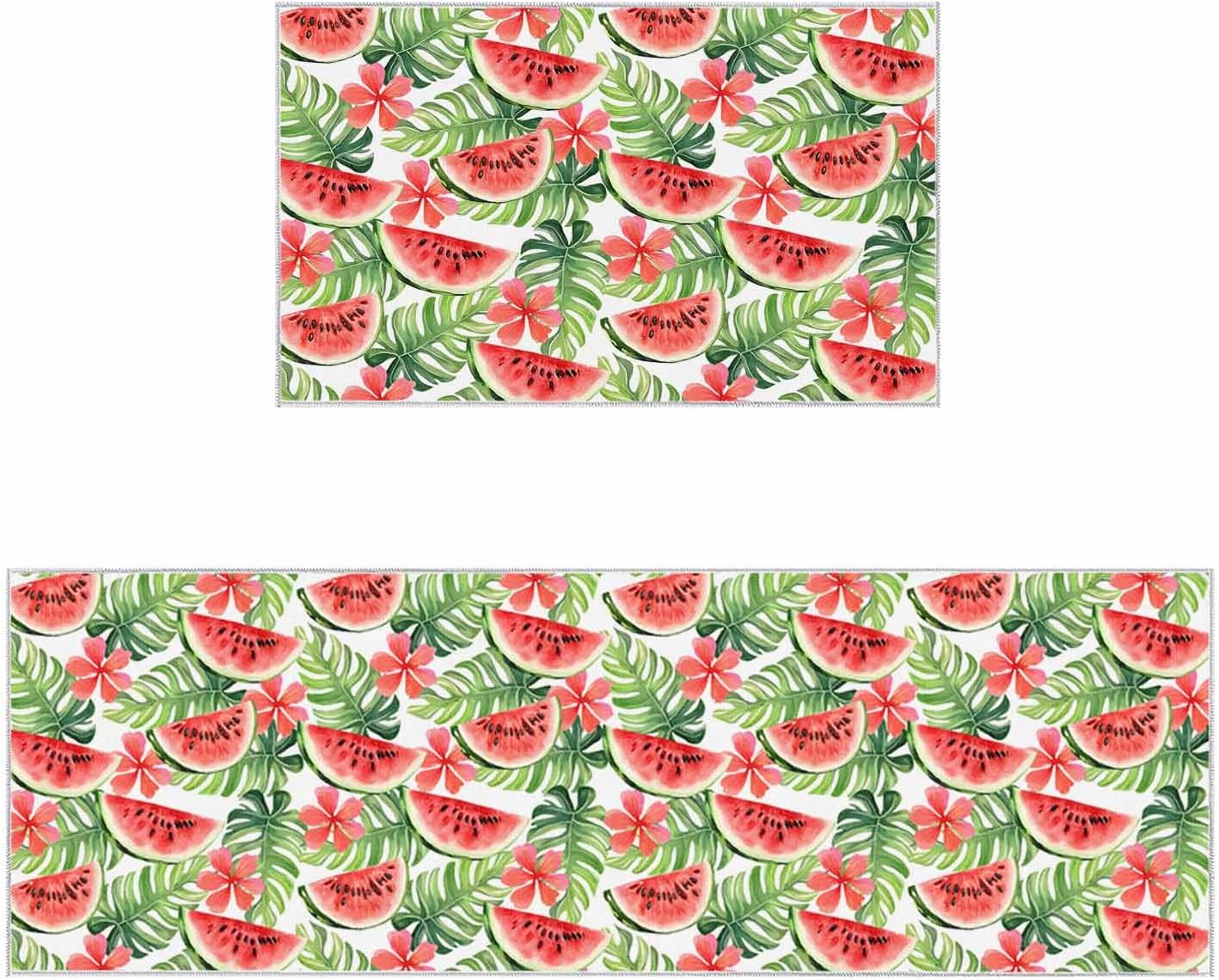 2 Pieces Kitchen Rugs and Mats,Summer Watermelon Palm Leaf Flower Area Runner Rug Set Non Slip Floor Doormat Washable Carpet Standing Mat for Kitchen Sink Indoor Corridor,Watercolor Fruit Floral