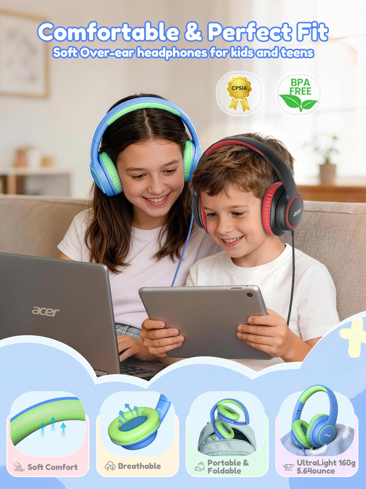 Acer Cuffie per bambini cablate per la scuola, design over-ear, limite di volume sicuro 85/94 dB, jack da 3,5 mm, pieghevoli, per bambini, ragazzi, ragazze, aule, lettori Yoto, Chromebook da viaggio