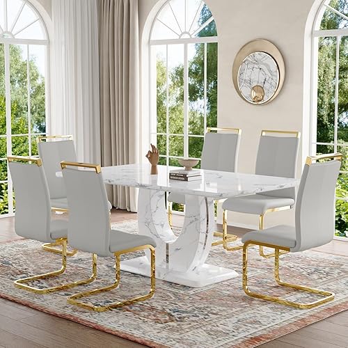 Miniatura 7 de JUFU Juego de mesa de comedor para 6, juegos de mesa de comedor de mármol, mesa de comedor de cocina moderna de 63 pulgadas y sillas con parte