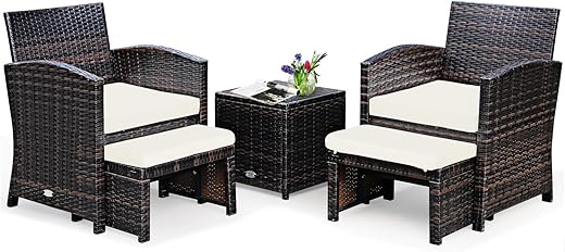 GIANTEX Rattan Gartenmöbel Set, Balkonmöbel Kleiner Balkon, Balkonmöbel Set 2 Sessel mit Hocker, Balkonmöbel Set Balkon 2 Personen, Balkon Möbel Gartenlounge Gartengarnitur…