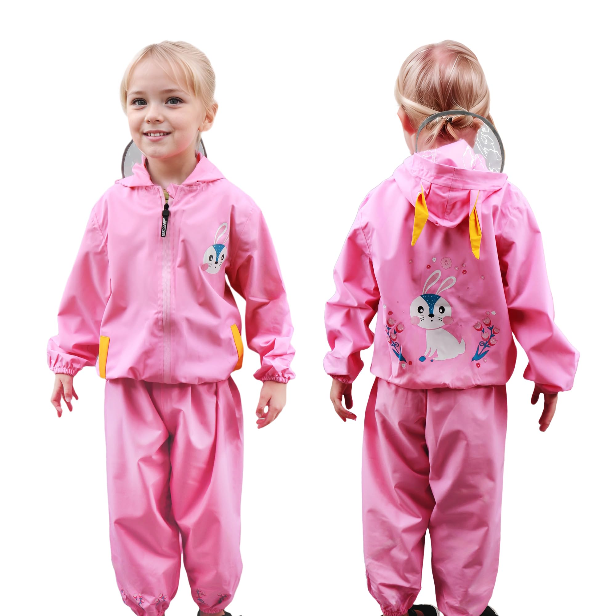 Tuta Impermeabile Bambino Bambina con Cappuccio Traspirante Leggero Antipioggia Giacca & Pantaloni Impermeabili con Riflettente e Animalier Pioggia Cappotto per Ragazze Ragazzi 2-7 anni