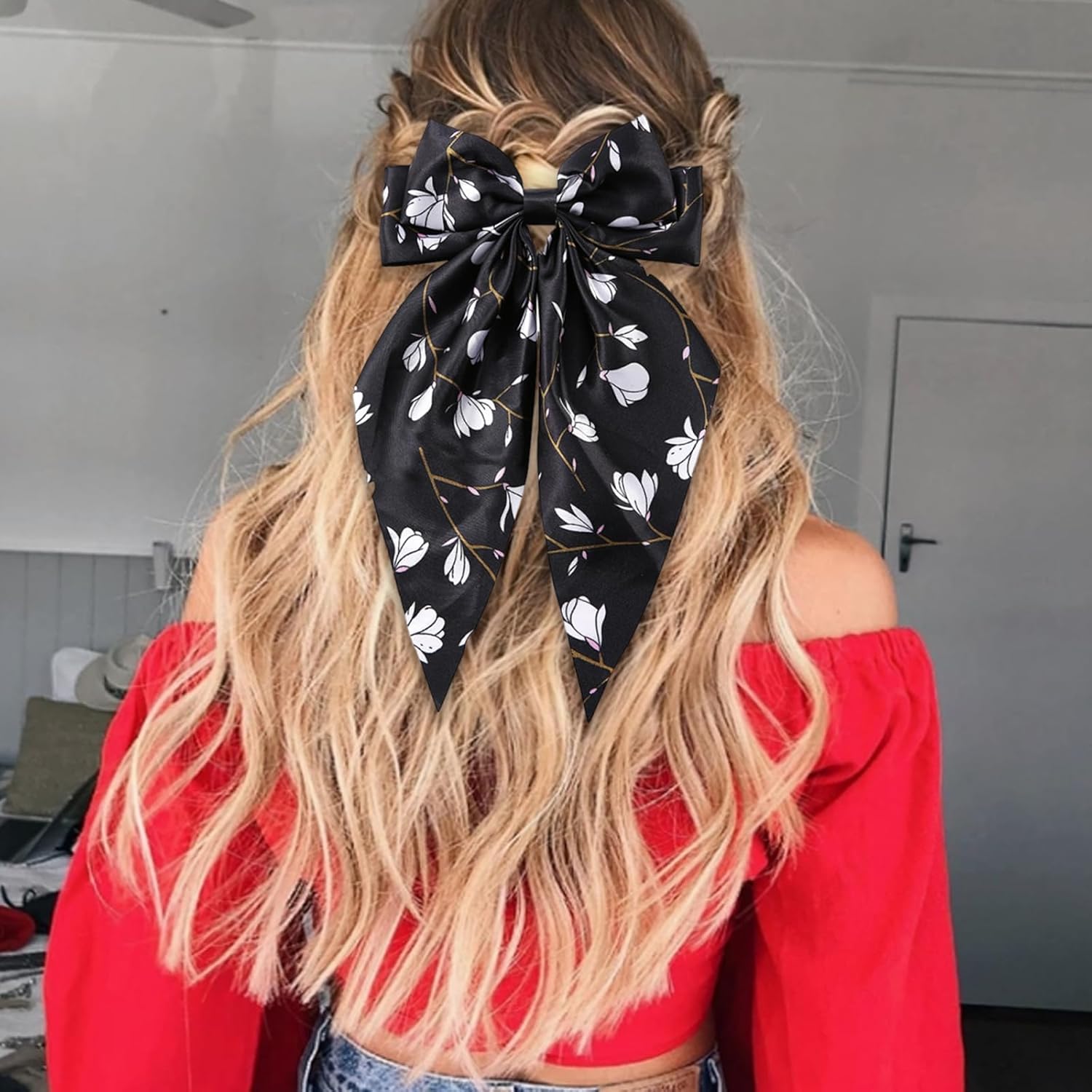 4 Pcs Flower Print Hair Bow Large Hair Bow Clips Long Tail Silk Bowknot Decoration for Women Girls Holiday Birthday Party Accessories - Image 6