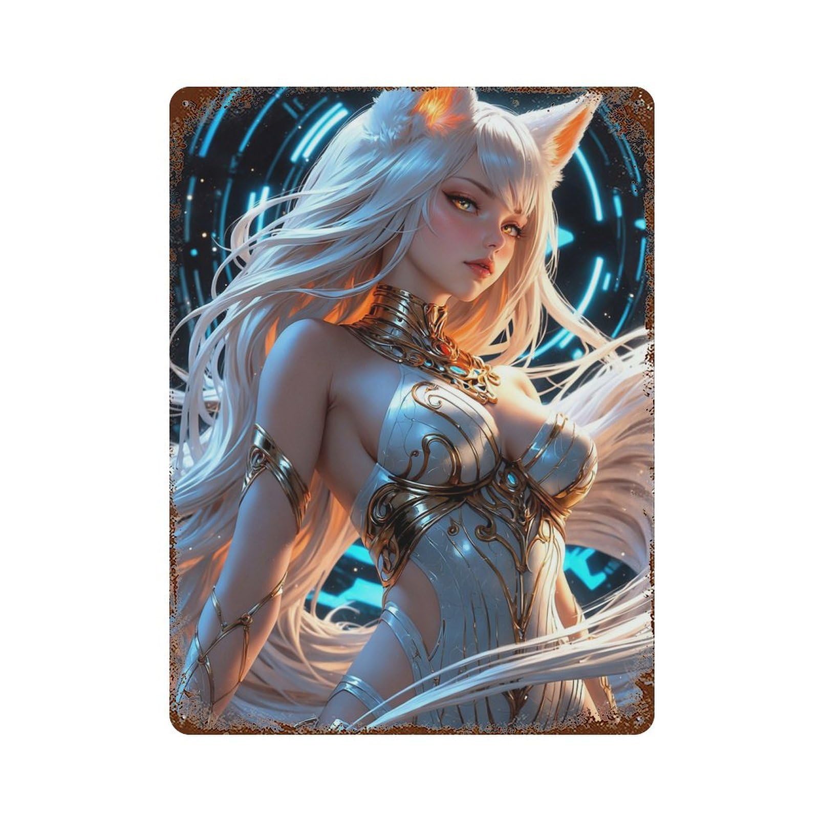 Garage Style Anime Fox Girl with Background Rust Effect Tin Sign 15.7"x11.8", Rustic Home Decor for Bar And Workshop