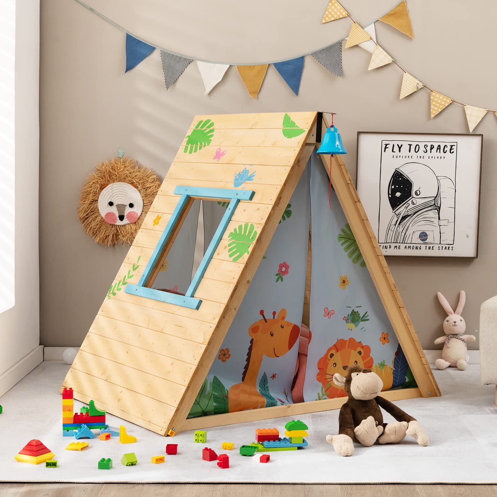 COSTWAY Cabane de Jardin Enfants avec Mur d'escalade, Maison de Jeu 2 en 1 avec Cloche en Bois de Sapin, Exterieur Intérieur, Charge 30KG, Adapté aux 2 Enfants de 3 à 8 Ans, Naturel