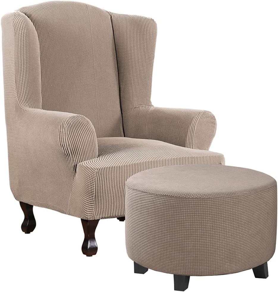 H.VERSAILTEX 1 Piece Wing Chair Covers Bundles Round Ottoman Slipcover(Medium, Taupe)
