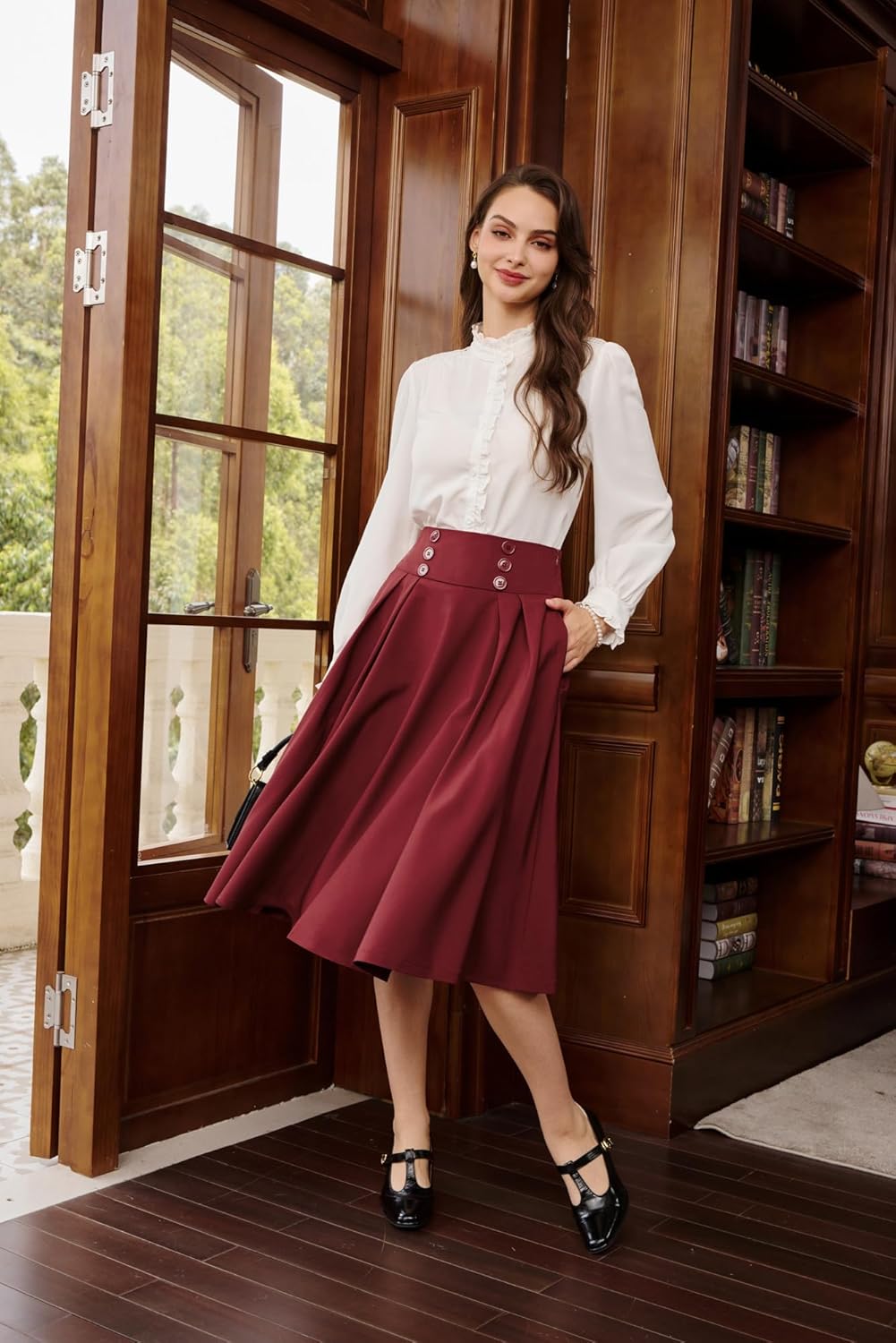 Belle Poque Women's Vintage High Waist Pleated Midi A-Line Skirt with Pockets - Image 3