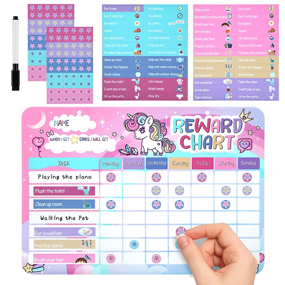 Ainiv Tabella delle Ricompense Magnetiche per Bambini, con 52 Comportamentali, 120 a Forma di Stella, Tabella di Apprendimento della Responsabilità per l'uso del Vasino, Buone Abitudini (Unicorno)