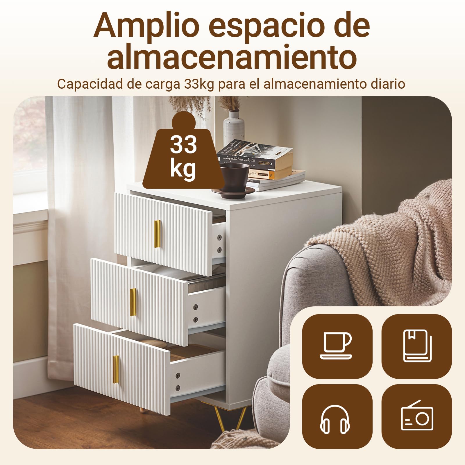 SoBuy Juego de 2 Mesita de Noche con 3 cajones, 63 cm Altura ergonómica & 33 kg Carga, Mesa de Noche para Dormitorio y salón, Ideal para Espacios pequeños, Blanco, 40 x 40 x 63 cm, FBT115-L-Wx2