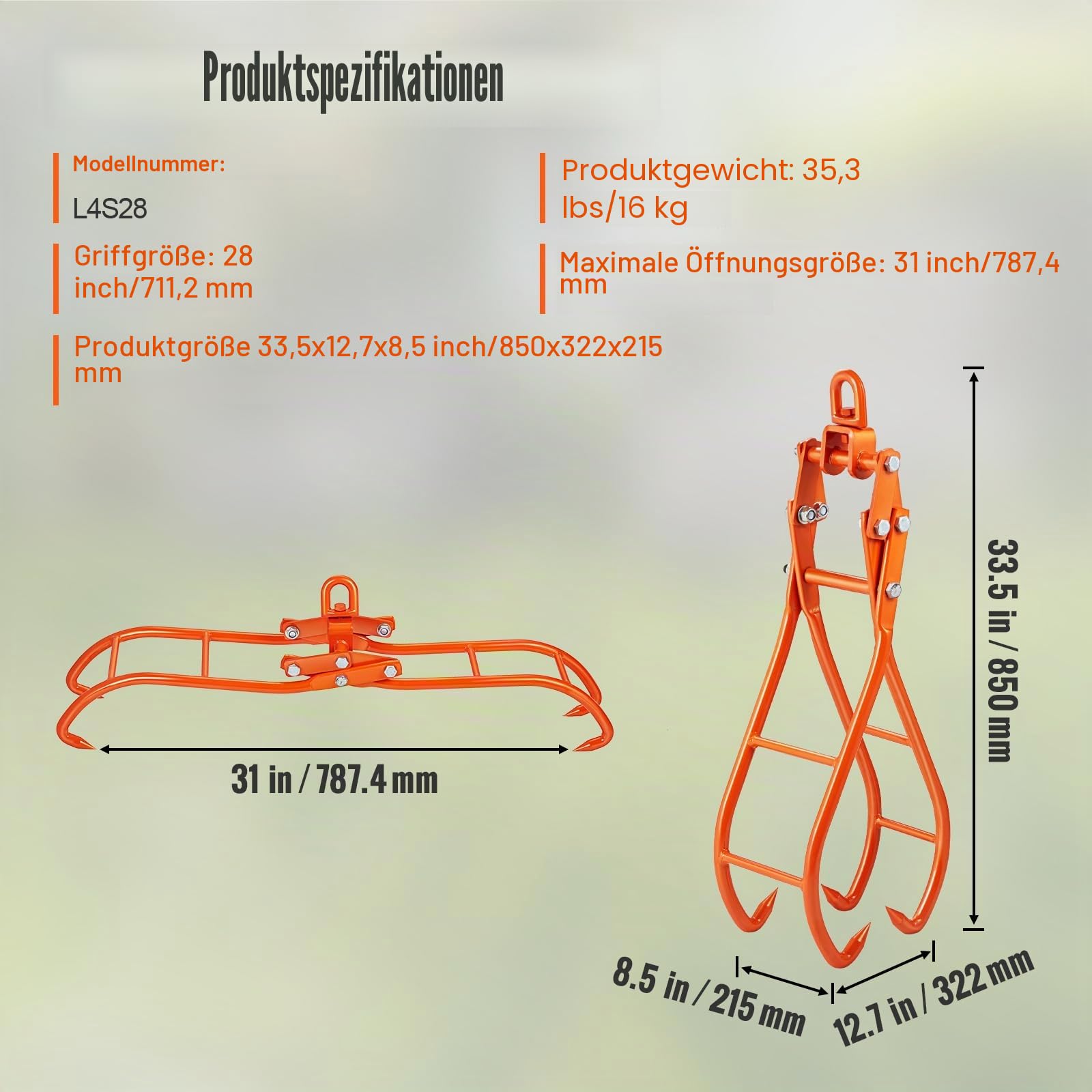 VEVOR Forstzange 1000kg Tragfähigkeit Rückezange Max. Öffnung 787,4mm Holzzange 850x322x215mm Hebezange Holzgreifer Verladezange Schleppzange Holzpackzange Traktoren Lastkraftwagen Gabelstaplern