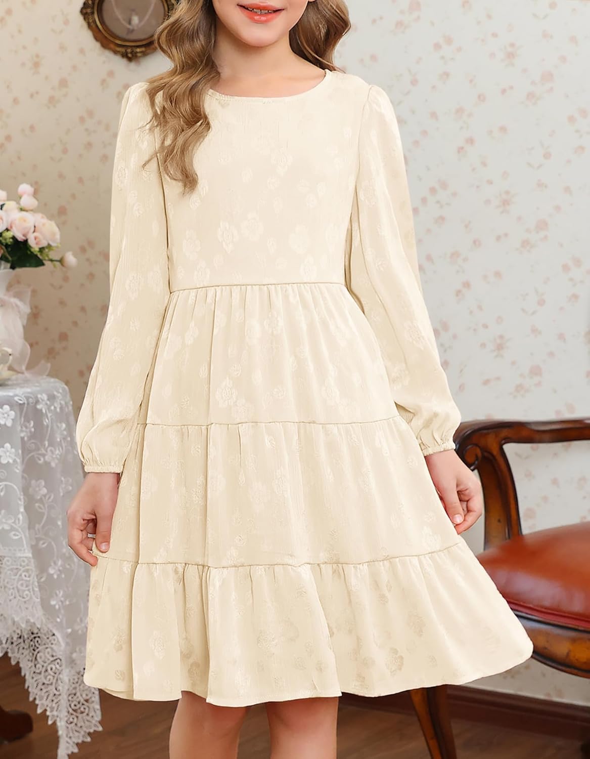 YOVION Girls Fall Long Sleeve Dress Ruffle Tiered A-Line Formal Wedding Party Dresses with Pockets for 6-12 Years - Image 2