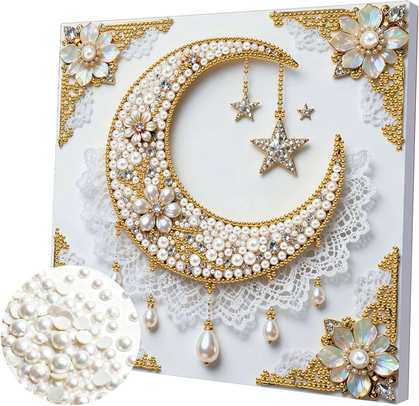 DIY Pearl Diamond Painting Kit with Wooden Frame – Pearl Art Kit for Adults,3D Plastic Gemstone Ocean Craft,Diamond Dot Painting for Beginners,Home Wall Decor Gift for Women(Stars and Moon,25x25 cm)