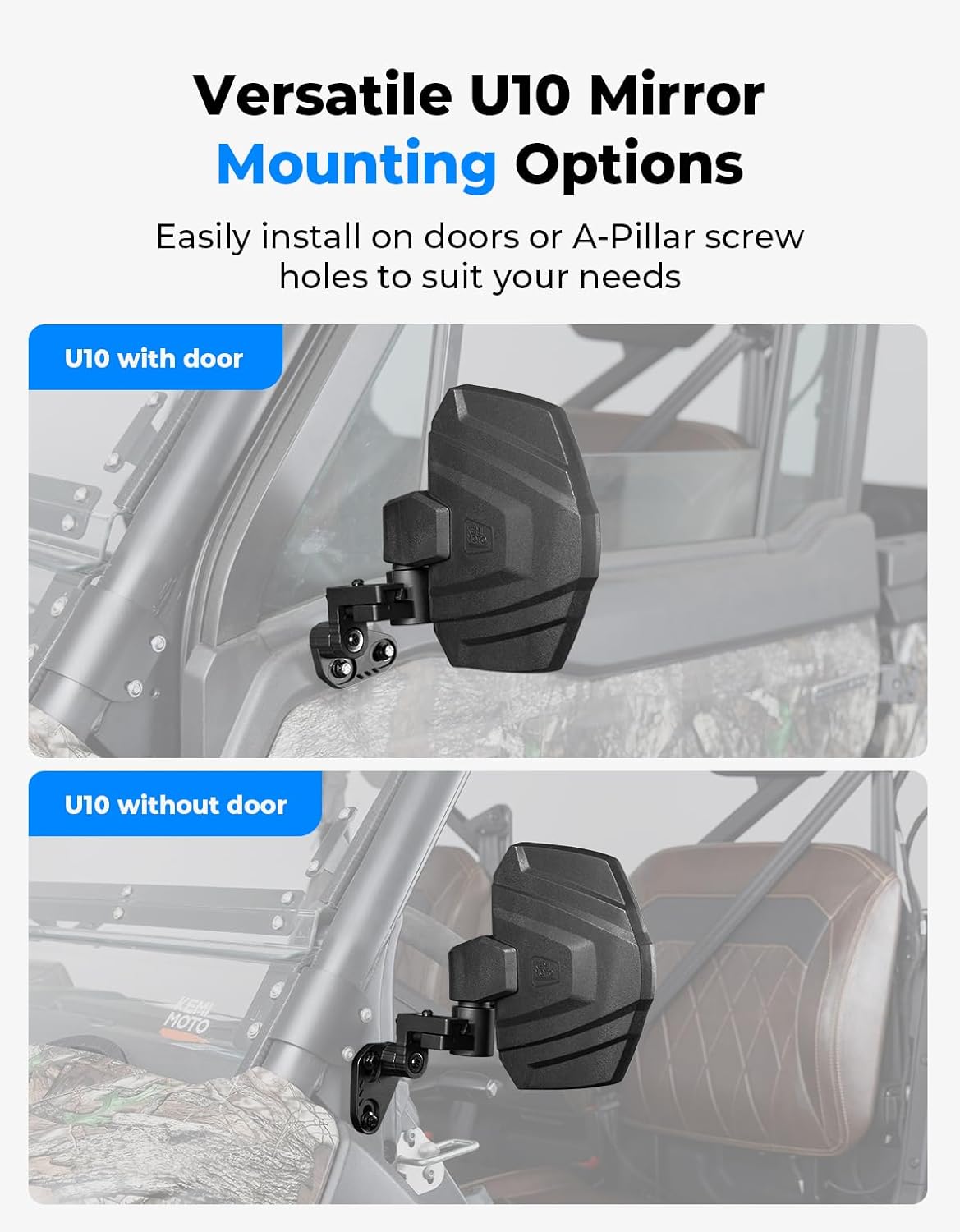 KEMIMOTO Large Side Mirrors A-pillar UTV Mirror Compatible with Polaris Ranger XP 1000/ Crew XP 1000 2018-2026, CFMOTO UFORCE U10, Extension Adjustable Side Mirrors Mounted on ROPS bar - Image 6