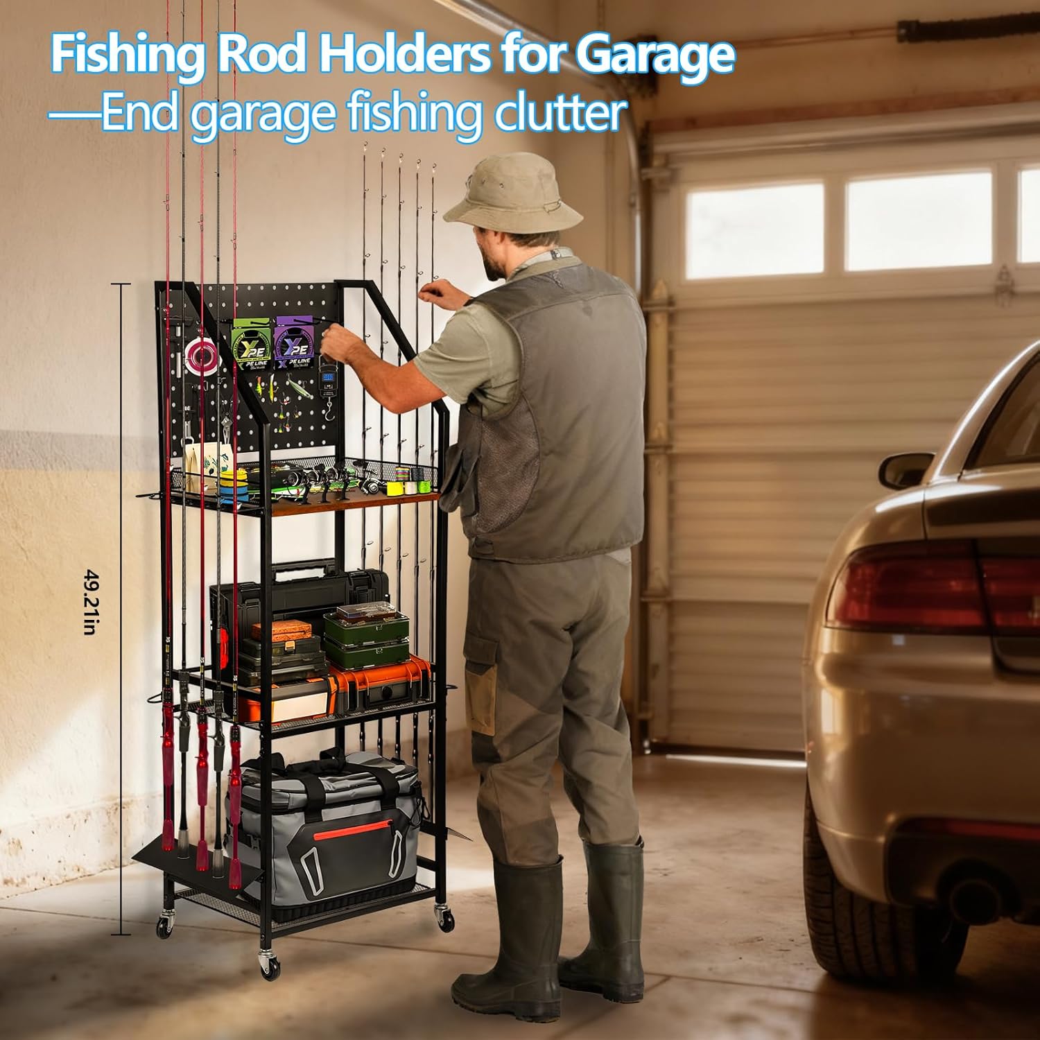 Fishing Rod Holder for Garage Organization, Fishing Rod Rack, Fishing Gear Storage up to 12 Rods with Pegboard & Hooks, Heavy Duty Fishing Cart with Wheels for Fishing Storage,Tackle Box (Large)